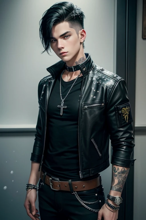 Benjamin Sutherland 20-year-old boy with open black jacket, blue t-shirt with snow print, short black hair, punk style, yellow locks, black jeans, green eyes, black leather belt, silver buckle, slim muscular build, cross medallion, silver bracelet, looking straight at the viewer