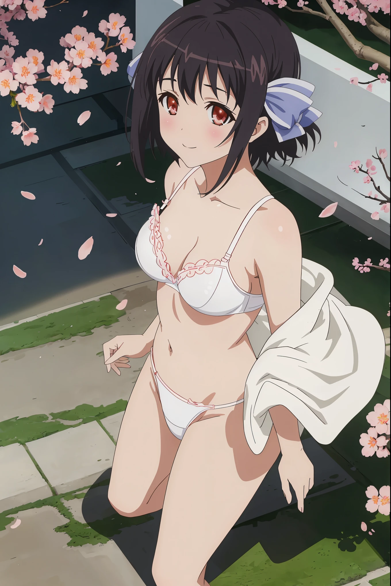 [[anime styled]],[[digitalart]],NSFW,1girl in,(Portrait),face focus/close up,from above,park,(many cherry blossoms),Cherry blossoms are in full bloom,Cherry blossom petals dance and are scattered,strong windy,(hold the hair),standing,Tomomi_Xijing,black hair,hair ribbon, Short hair,(nude),(white bra,bra strap),(white panties),shoes,medium build,perfect anatomy,Smile,blush,best quality,master piece,Perfect Lighting,(strong light),((brighten the subject)),oily skin,cury:1.2,,Best Quality,anime screen cap,Flat color,cel shading,Panties,short torso,,