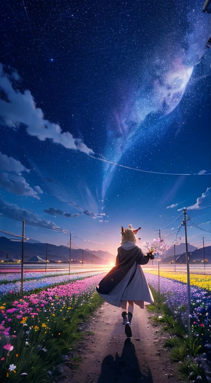 1people々々々々々々々々々々々々々,Woman with medium length blonde hair,Fox Ears,Long coat,Takageta, Dress Silhouette, Rear View,Space Sky, Flower Field,Colorful flowers,Dancing Petals,full moon,shrine,