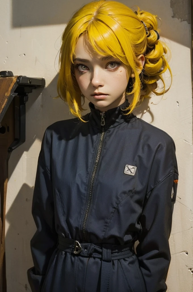 masterpiece, highest quality, Pistol, Put a gun to your head, Possession of a gun, Upper Body, One girl, alone, Dead in my heart, Expressionless, Expressionless, Hollow Eyes, Expressionless, indifferent, Red eyes, Wedge updo and hair intake, Yellow Hair, tasuki, short jumpsuit, Bandeau,