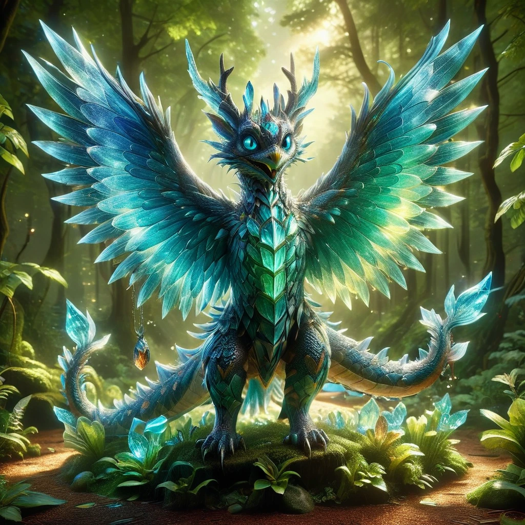 A creative depiction of a whimsical creature inspired by creatures from popular card-based games. The creature is entirely made up of glass, illuminating in the sunlight with a variety of colors reflecting off its surface. Its body resembles those of chimerical beasts, with elements of various animals combined. It has the wings of a bird, legs of a mammal, and a long tail which can possibly be seen as reptilian. As it glows, the glass creature stands majestically against a backdrop of a lush green forest, the shining beacon amidst nature's splendor.