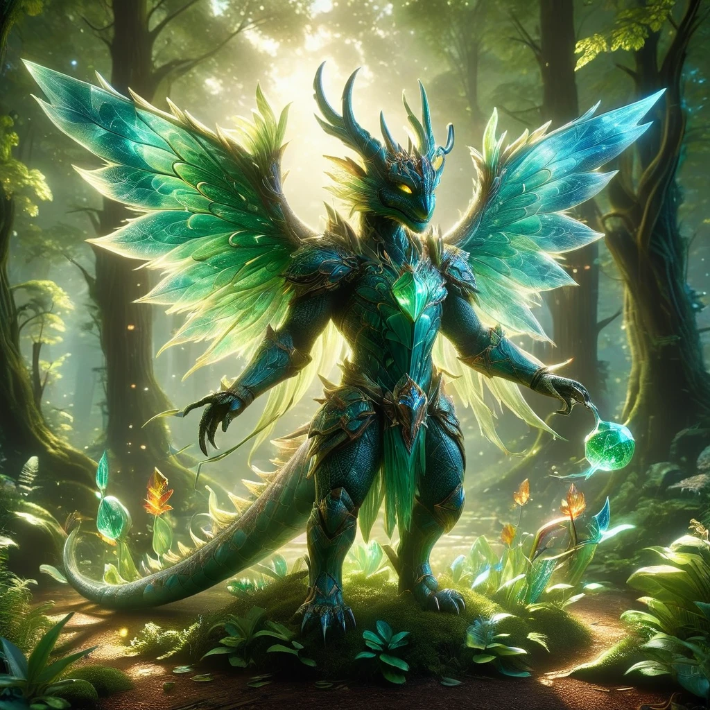 A creative depiction of a whimsical creature inspired by creatures from popular card-based games. The creature is entirely made up of glass, illuminating in the sunlight with a variety of colors reflecting off its surface. Its body resembles those of chimerical beasts, with elements of various animals combined. It has the wings of a bird, legs of a mammal, and a long tail which can possibly be seen as reptilian. As it glows, the glass creature stands majestically against a backdrop of a lush green forest, the shining beacon amidst nature's splendor.