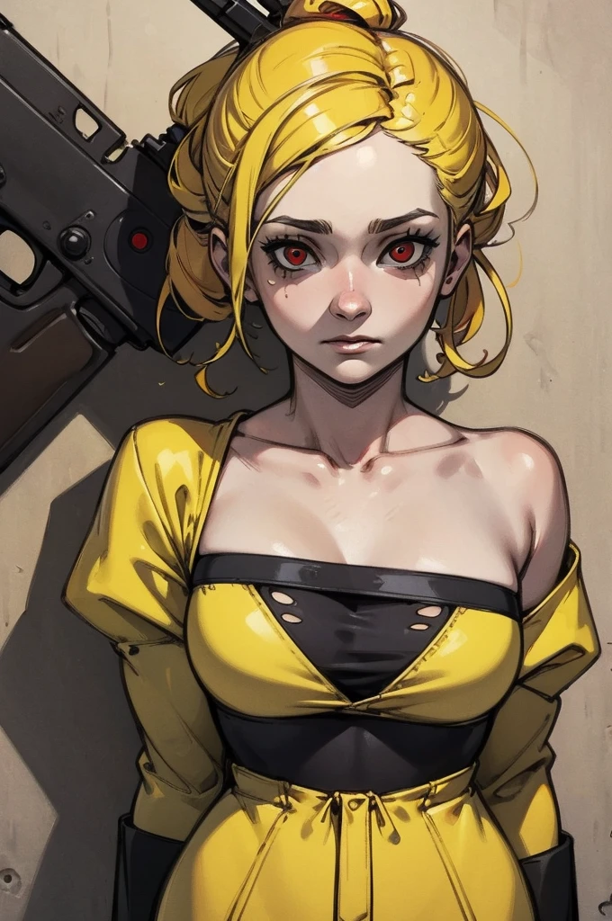 masterpiece, highest quality, Pistol, Put a gun to your head, Possession of a gun, Upper Body, One girl, alone, Dead in my heart, Expressionless, Expressionless, Hollow Eyes, Expressionless, indifferent, Red eyes, Wedge updo and hair intake, Yellow Hair, tasuki, short jumpsuit, Bandeau,