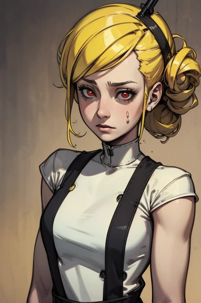 masterpiece, highest quality, Pistol, Put a gun to your head, Possession of a gun, Upper Body, One girl, alone, Dead in my heart, Expressionless, Expressionless, Hollow Eyes, Expressionless, indifferent, Red eyes, Wedge updo and hair intake, Yellow Hair, tasuki, short jumpsuit, Bandeau,
