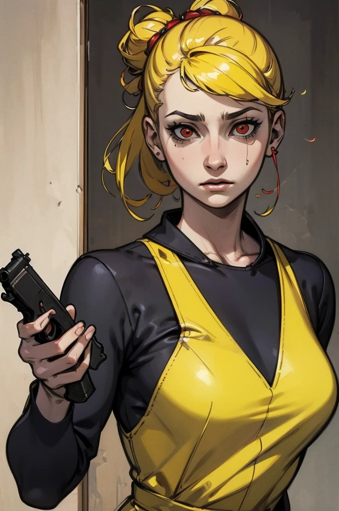 masterpiece, highest quality, Pistol, Put a gun to your head, Possession of a gun, Upper Body, One girl, alone, Dead in my heart, Expressionless, Expressionless, Hollow Eyes, Expressionless, indifferent, Red eyes, Wedge updo and hair intake, Yellow Hair, tasuki, short jumpsuit, Bandeau,