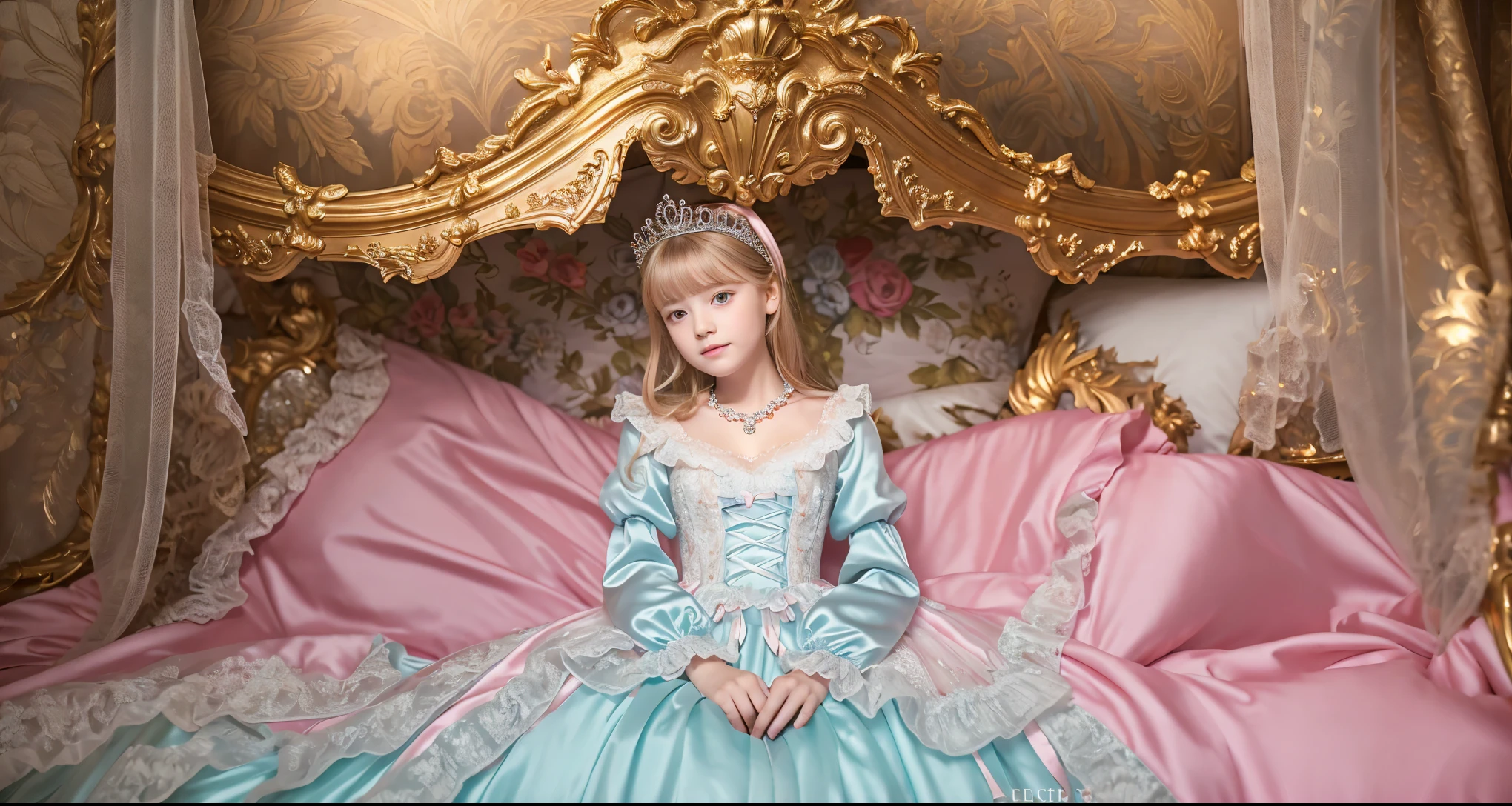,highest quality, masterpiece, Highest Resolution, artwork, super それにGet used to it, many Get used to it, Get used to it, それにGet used to it, 3K realistic photos,,(( When I was )),Super detailed baby face,She is a princess,Full-length ball gown dress with hoop skirt,Frilled yoke collar,Puff sleeves,Long sleeve,((Lolita style pink detailed princess satin dress、Lots of frills and ribbons。)),colorful rococo fashion,shiny satin dress,Soft and smooth fabric,luxury,Long blonde hair,blue eyes,White skin European,pajamas,((Inside the palace)),,,(( When I was 10 years old)),Sd baby face,Full-length ball gown dress with hoop skirt,Long skirt,Frilled yoke collar,Puff sleeves,腰まで伸びるLong blonde hair,blue eyes,White skin European,pajamas,((Inside the palace bedroom)),ピンクのシルクサテンのluxuryなCanopy bedの上,Canopy bed,Luxurious curtains under a canopy,There were a lot of frilly pillows on the bed.,Highly detailed background,Detailed bed,Romantic atmosphere,The little princess is sitting on the bed,