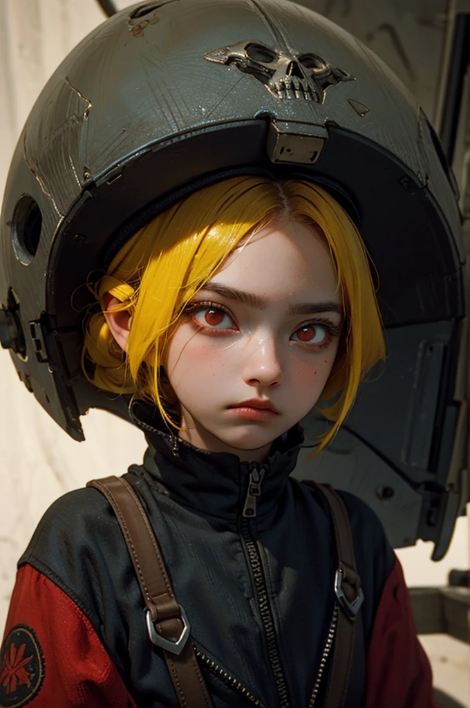 masterpiece, highest quality, Pistol, Put a gun to your head, Possession of a gun, Upper Body, One girl, alone, Dead in my heart, Expressionless, Expressionless, Hollow Eyes, Expressionless, indifferent, Red eyes, Wedge updo and hair intake, Yellow Hair, tasuki, short jumpsuit, Bandeau,