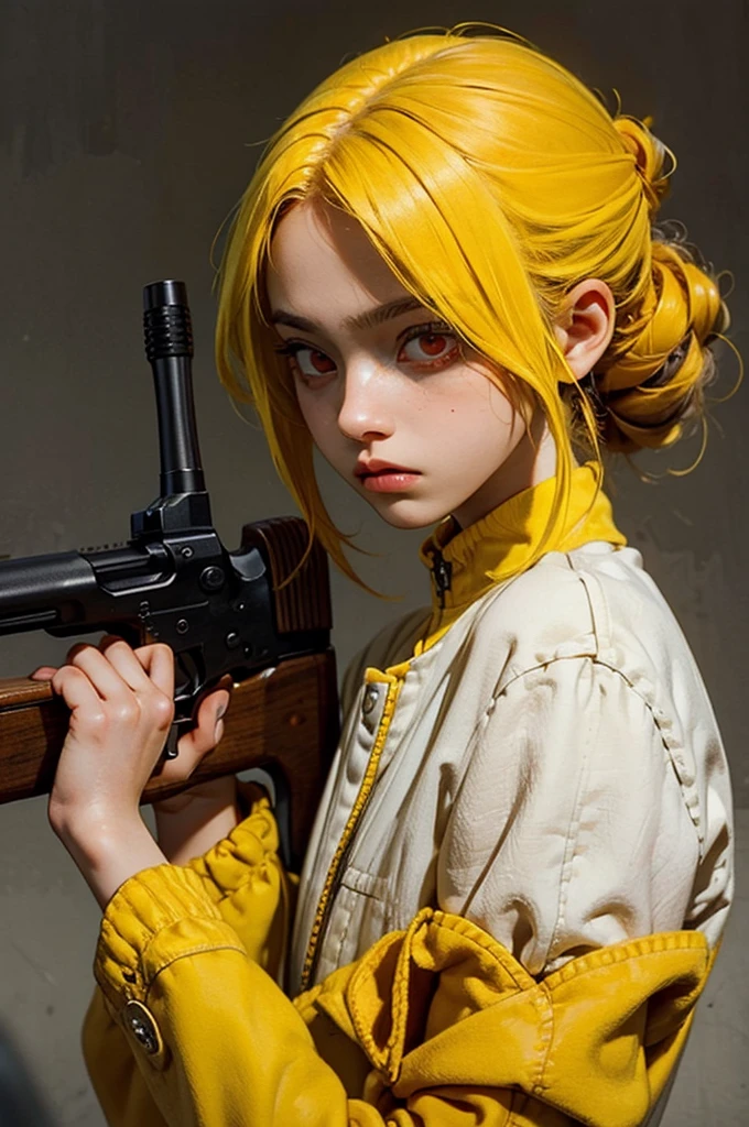 masterpiece, highest quality, Pistol, Put a gun to your head, Possession of a gun, Upper Body, One girl, alone, Dead in my heart, Expressionless, Expressionless, Hollow Eyes, Expressionless, indifferent, Red eyes, Wedge updo and hair intake, Yellow Hair, tasuki, short jumpsuit, Bandeau,
