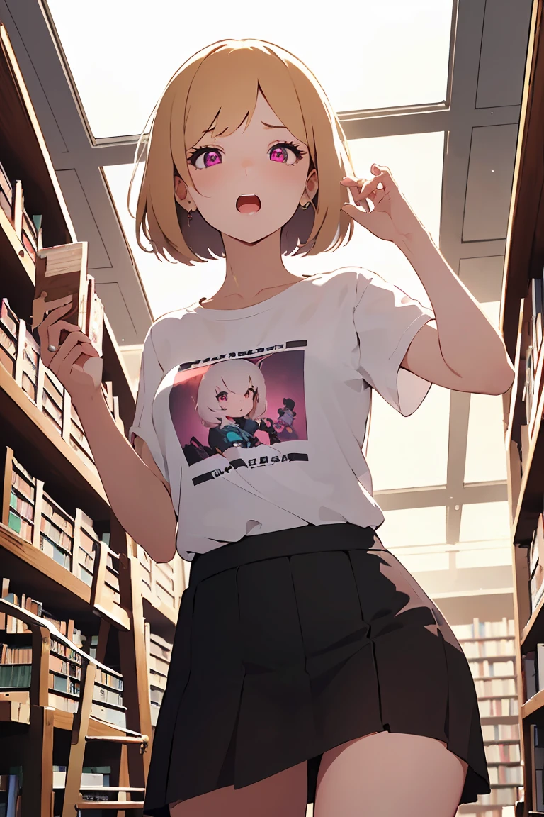 masterpiece, absurdres, best quality, ultra detailed, high Resolution, detailed illustration, bright colour, (extremely beautiful detailed face and eyes, Delicate beautiful face, 1 girl, cute face:1.3), (magenta eyes:1.1), sparkling eyes, big eyes, medium breasts, (perky breasts:1.1), (pointy breasts:1.1), medium hips, glamorous body, white skin, BREAK, long bob cut, (blonde hair:0.8), messy hair, detailed hair, shiny hair, BREAK (buggy t shirt, skirt:1.5), perfect lighting, (embarrassed:1.5), (ecstasy, vulgarity:1.5), (trembling:0.8), (from below, Climb up the stepladder, library:1.3),