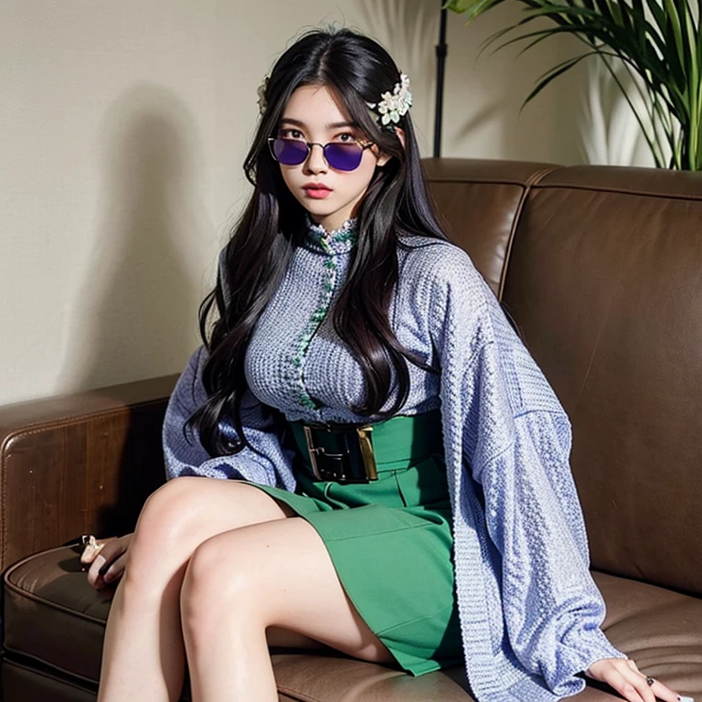 20 year old woman having light green eyes being coered by round sunglasses wearing a fancy outfit having a long wavy blacl hair with violet highlights