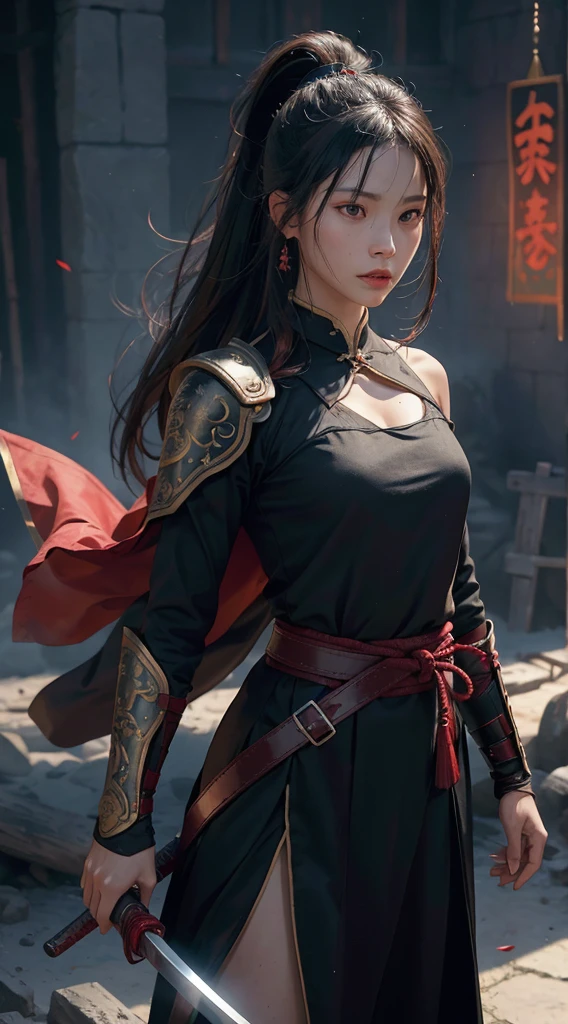 (Positive Focus), (In the Dark: 1), (Best Quality), (Realisticity: 1), Movie Poster, Realistic Skin Texture, Highly Detailed, 8k Wallpaper, Volume Lighting, Dynamic Lighting, A Girl, Long Black Hair, Ponytail, Black Robe, Red Belt, Small Amount of Armor, Shoulder Armor, Waist Guard, Hand Guard, Veil, Holding a Long Sword in front of Body, Ancient Chinese Style, Short Sword at the Waist Attack Posture, Blood Stains, Broken Clothes, Ancient Chinese Battlefield, A Group of Ancient Soldiers Chasing and Killing, Arrows Flying, War, Night, dramatic composition, sword qi surrounding, picture detail, war, movie lighting,