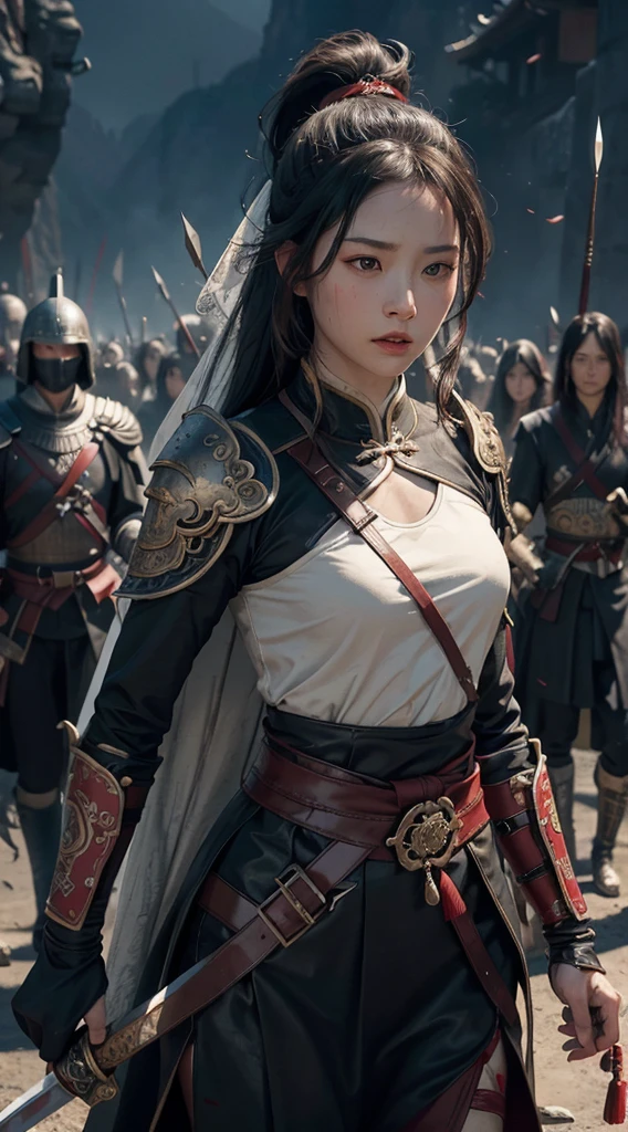 (Positive Focus), (In the Dark: 1), (Best Quality), (Realisticity: 1), Movie Poster, Realistic Skin Texture, Highly Detailed, 8k Wallpaper, Volume Lighting, Dynamic Lighting, A Girl, Long Black Hair, Ponytail, Black Robe, Red Belt, Small Amount of Armor, Shoulder Armor, Waist Guard, Hand Guard, Veil, Holding a Long Sword in front of Body, Ancient Chinese Style, Short Sword at the Waist Attack Posture, Blood Stains, Broken Clothes, Ancient Chinese Battlefield, A Group of Ancient Soldiers Chasing and Killing, Arrows Flying, War, Night, dramatic composition, sword qi surrounding, picture detail, war, movie lighting,