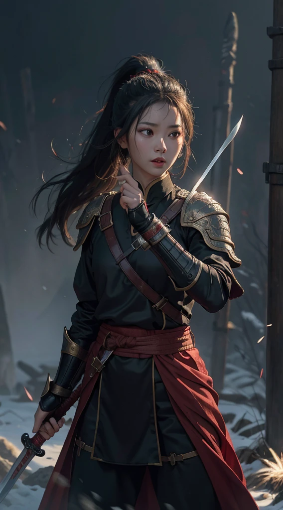 (Positive Focus), (In the Dark: 1), (Best Quality), (Realisticity: 1), Movie Poster, Realistic Skin Texture, Highly Detailed, 8k Wallpaper, Volume Lighting, Dynamic Lighting, A Girl, Long Black Hair, Ponytail, Black Robe, Red Belt, Small Amount of Armor, Shoulder Armor, Waist Guard, Hand Guard, Veil, Holding a Long Sword in front of Body, Ancient Chinese Style, Short Sword at the Waist Attack Posture, Blood Stains, Broken Clothes, Ancient Chinese Battlefield, A Group of Ancient Soldiers Chasing and Killing, Arrows Flying, War, Night, dramatic composition, sword qi surrounding, picture detail, war, movie lighting,