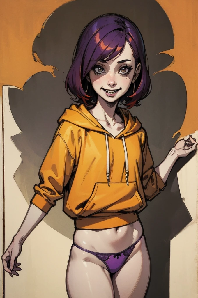 ((A girl dancing、Orange hoodie、Purple Panties、Red Hair)), scribble, nightmare, Doll-like face, Manga style, rough sketch, , (masterpiece), (High resolution), (Very delicate), (clear), Comic style illustration,(Horror elements), Japanese painting illustration, whole body,(snap shot),crazy illustration, antique, Dark atmosphere, Flat Illustration, Creepy Appearance, Characteristic hairstyle, creative accessories, Unique atmosphere、Cute Smile