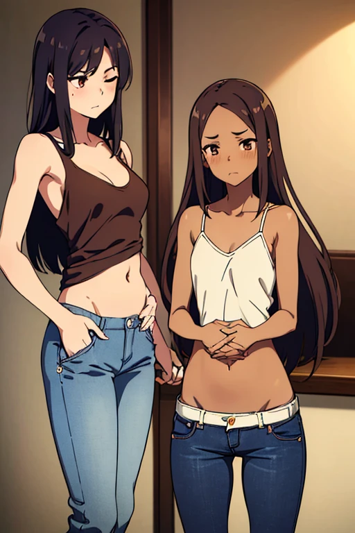 ((best quality)), ((masterpiece)), (detailed), perfect face, brown skin anime girl in a deep V neck backless cami top, (jeans trousers), famished in hunger, (gently resting hands on stomach), (long hair), (hands on her stomach), (eyes closed), (blushing), (slim girl), (skinny stomach), (flat stomach)