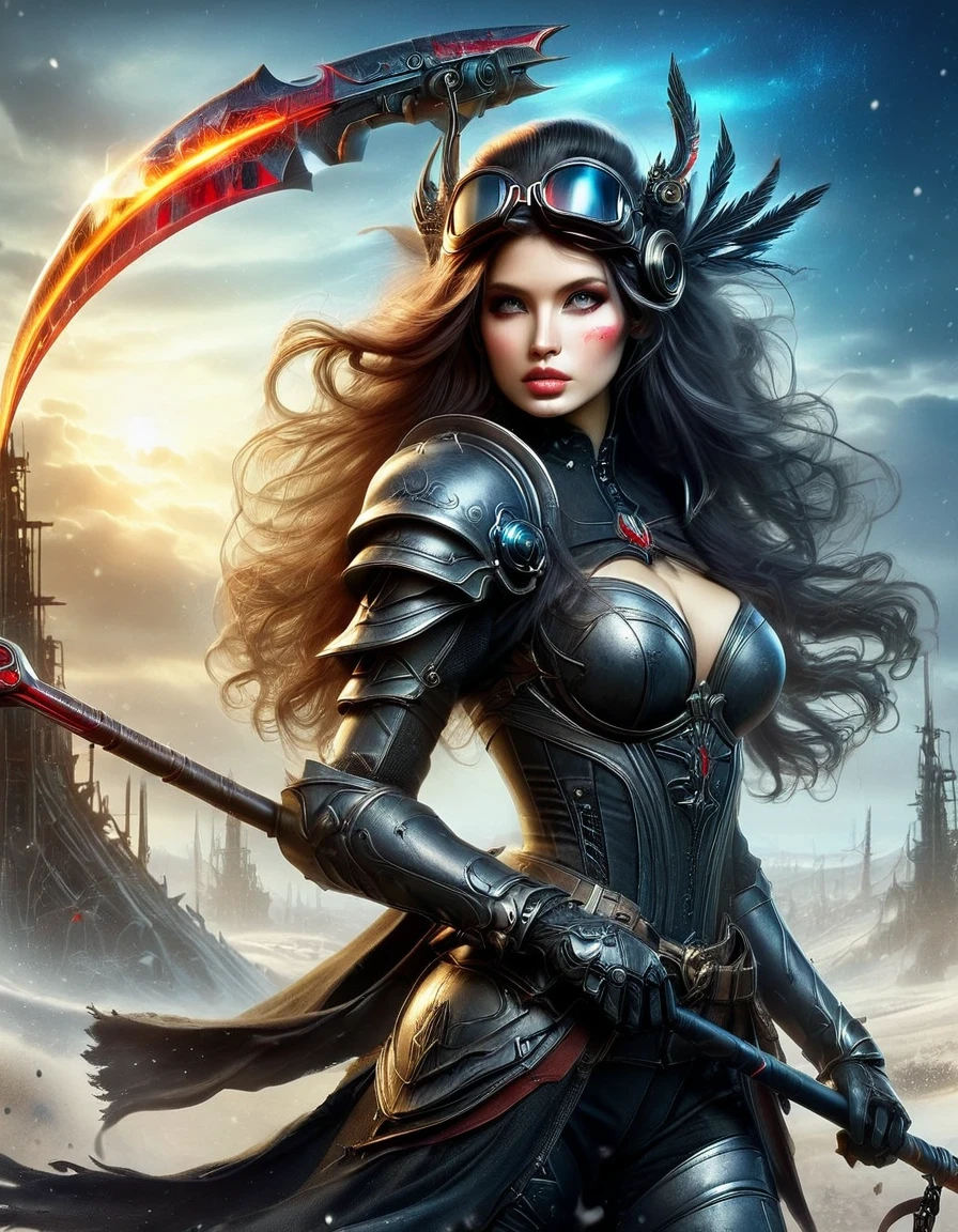 in style of Christian Schloe, beautiful details,best quality, ultra-detailed, HDR, masterpiece:1.2, wasteland, beautiful warrior holding a rocket launcher, futuristic fantasy, long flowing hair, high-tech helmet, goggles, blood and black oil paint on her face, dirt, wounded, worn-out, tragic, movie still, Siberia, vast wasteland covered in snow, cold night, sci-fi art, in style of Amedeo Modigliani, battle, war, multiple warriors, background: army combat battlefield, numerous brave soldiers.