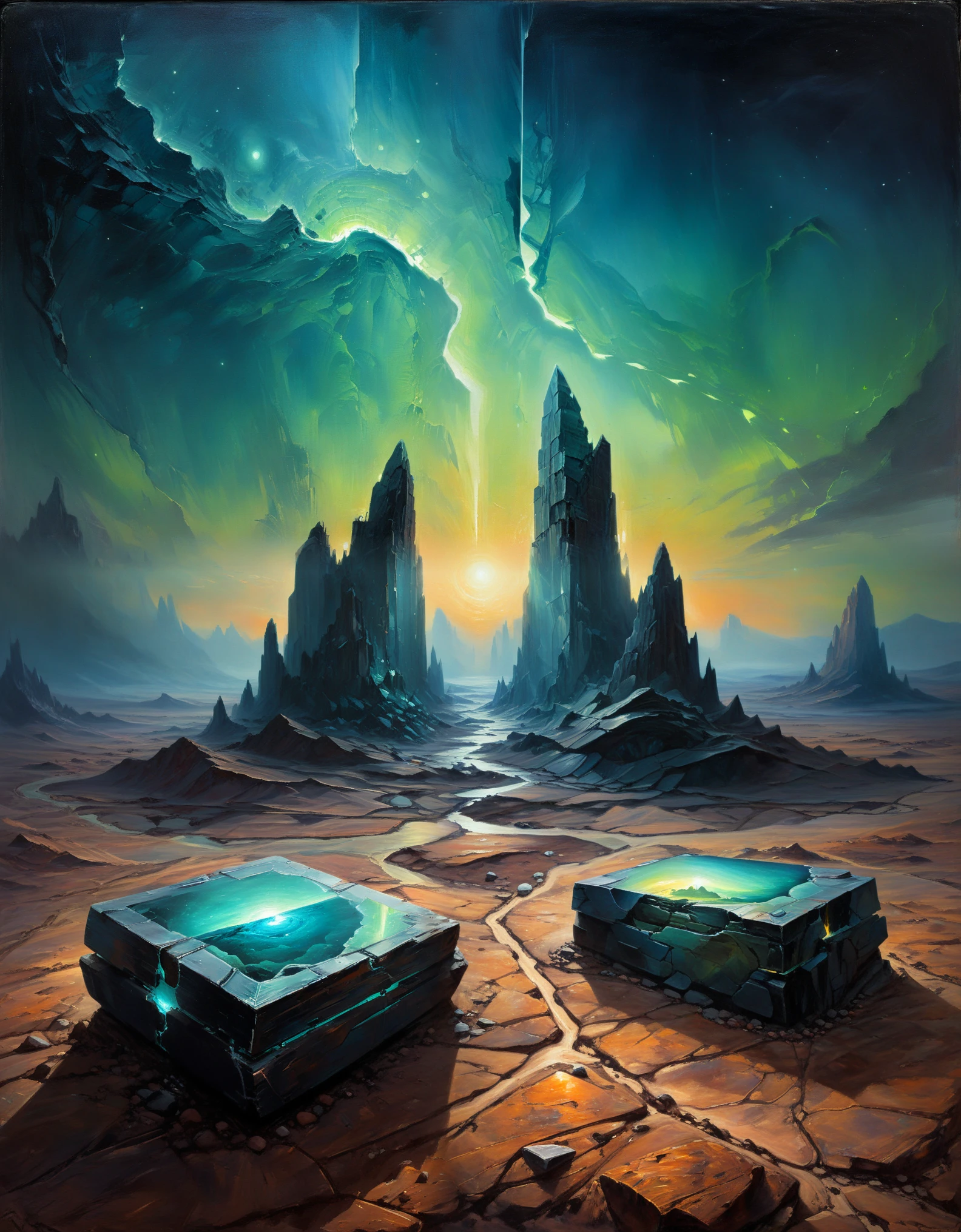 Luminous oil painting style,Incredible futuristic images appear on the Miracle Stone,mystery book cover art, suspenseful, shadowy, atmospheric, dark colors "visualize a desolate expanse where a spectral landscape unfolds from an ambient haze, as if the very fabric of reality has been drained of color and vitality. a crystalline monolith, bereft of any visible pulse or energy, rises from the barren terrain like a shard of forgotten knowledge, casting an eerie glow across the featureless surroundings. the artwork should evoke a sense of disquieting detachment, where the boundaries between nothingness and existential despair blur, leaving the viewer suspended in a state of numb indifference."