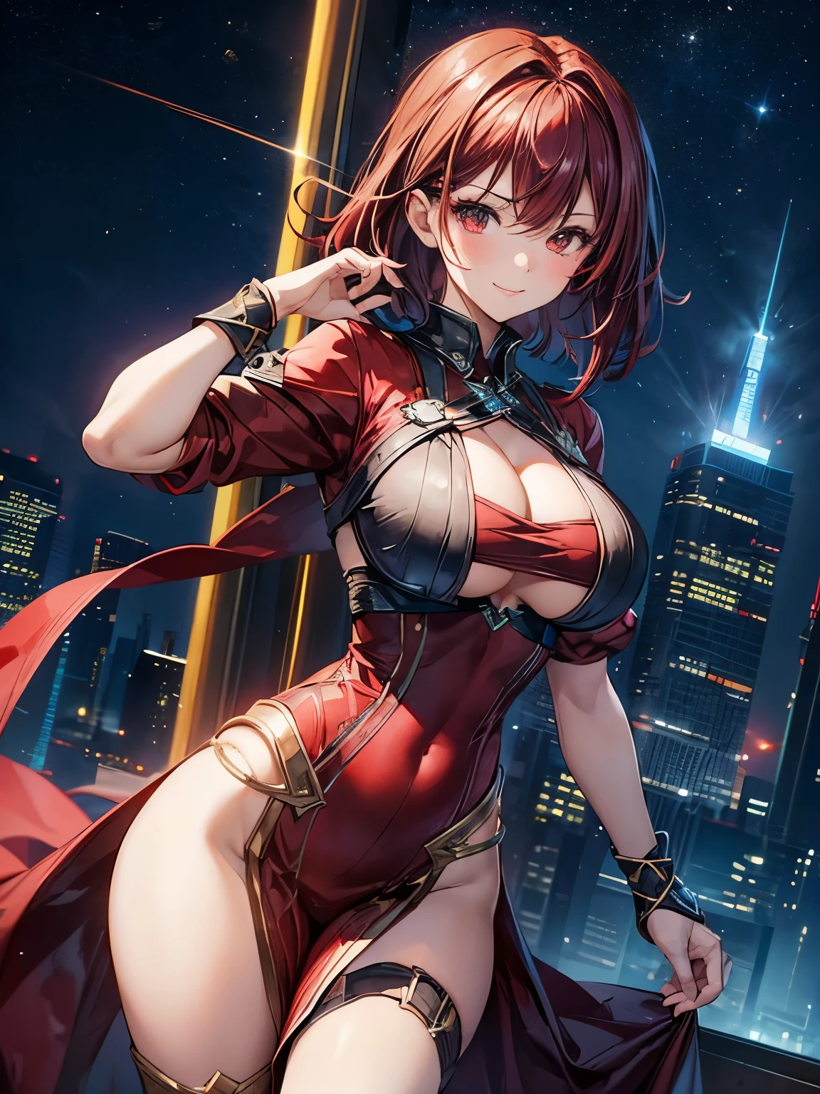 highest quality、Nice sexy body、One Woman、solo、(Beautiful busty woman:1.5)、Medium hair woman、((Woman with dark red hair))、A woman dressed in a RPG character costume、smile、Sexy pose、light up、Observatory、Night view