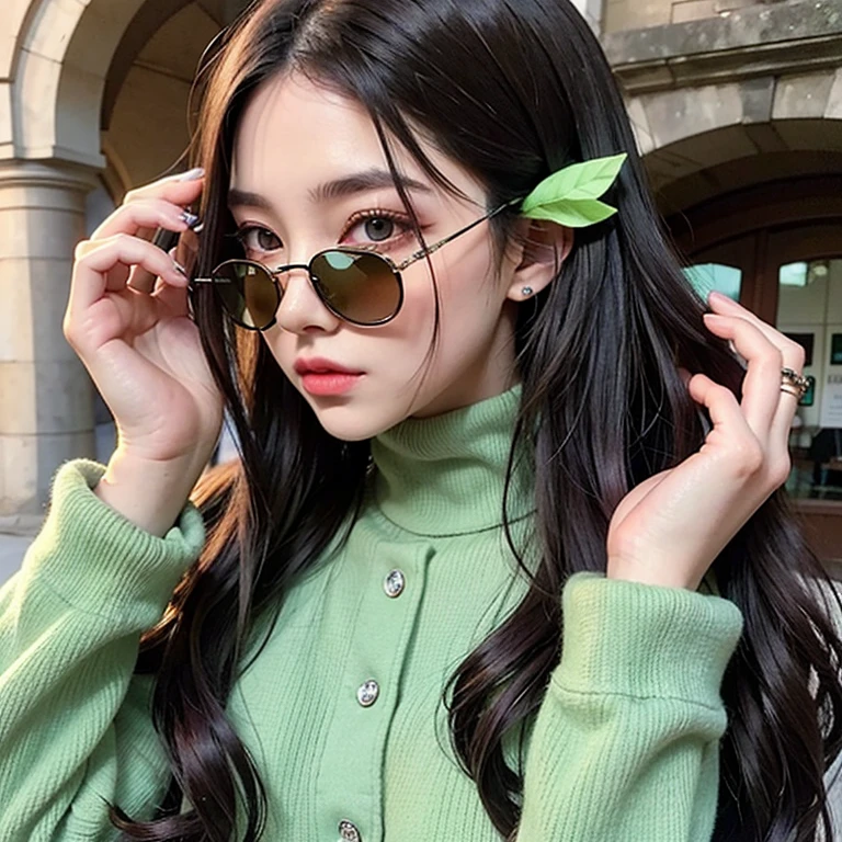 20 year old woman having light green eyes being coered by round sunglasses wearing a fancy outfit having a long wavy blacl hair with violet highlights