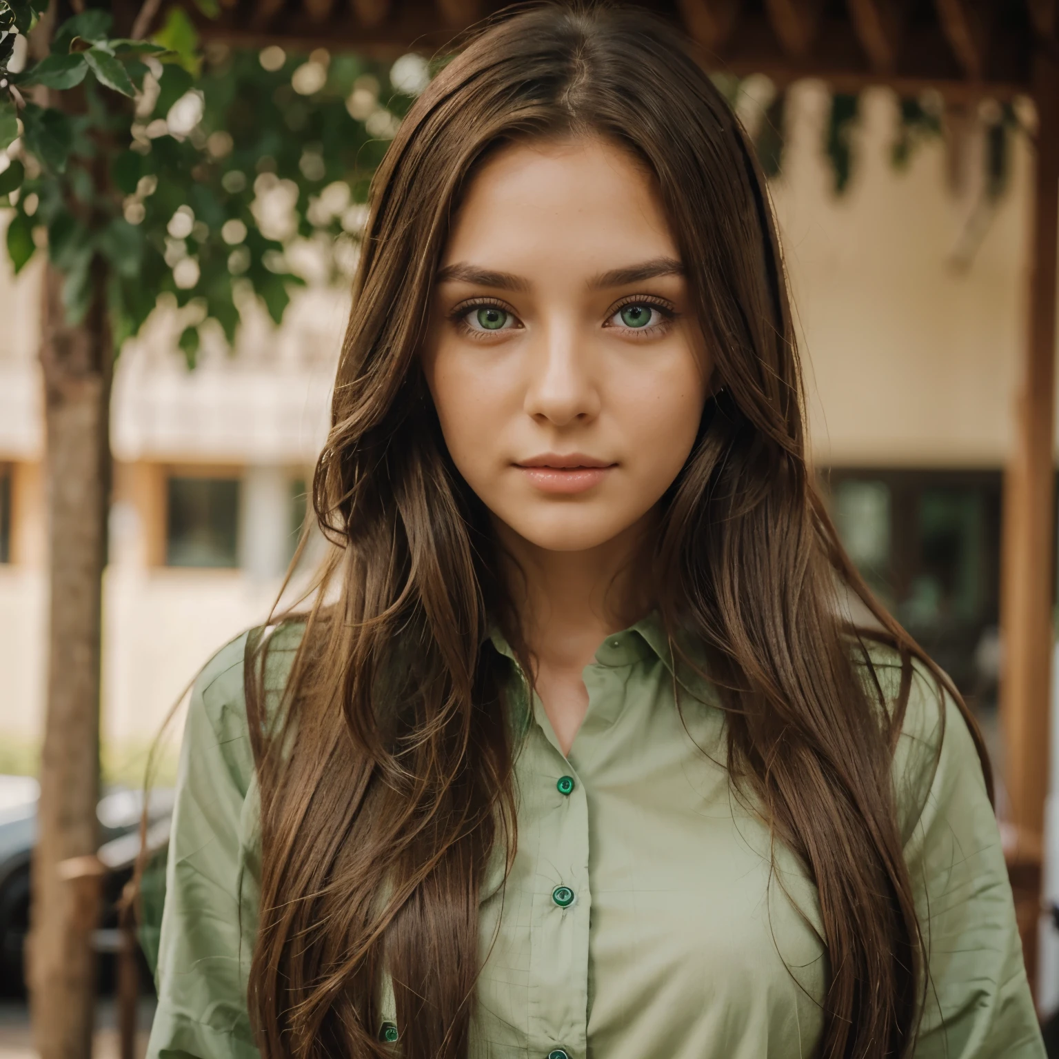 Professional photo, Girl with (detailed brown long hair), (detailed green Mystify eyes) detailed fair skin
