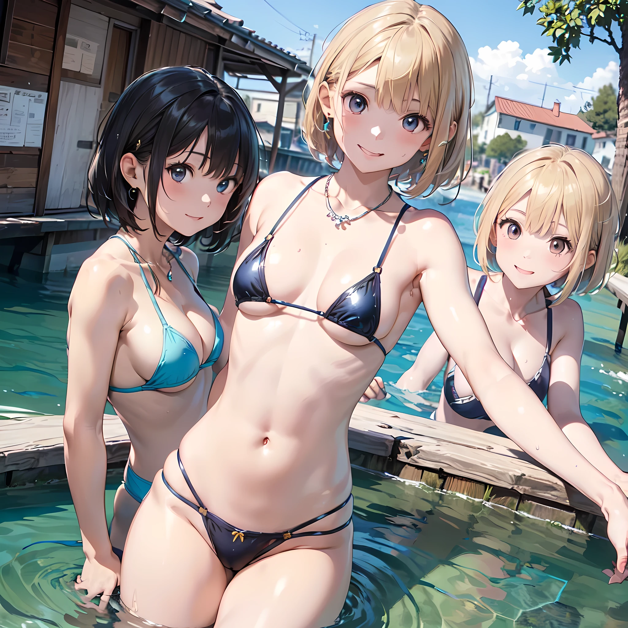 ((masterpiece, best quality, ultra quality, high quality, hyper detailed, intricate detailed, perfect anatomy, shiny skin, cowboy shot,)), (3women are posing for a camera in the water), Laughing with your mouth open,  brown hair, blond hair, navel, jewelry, looking at viewer, necklace, long hair, short hair, Abdominal muscles,pastel colour, Thong