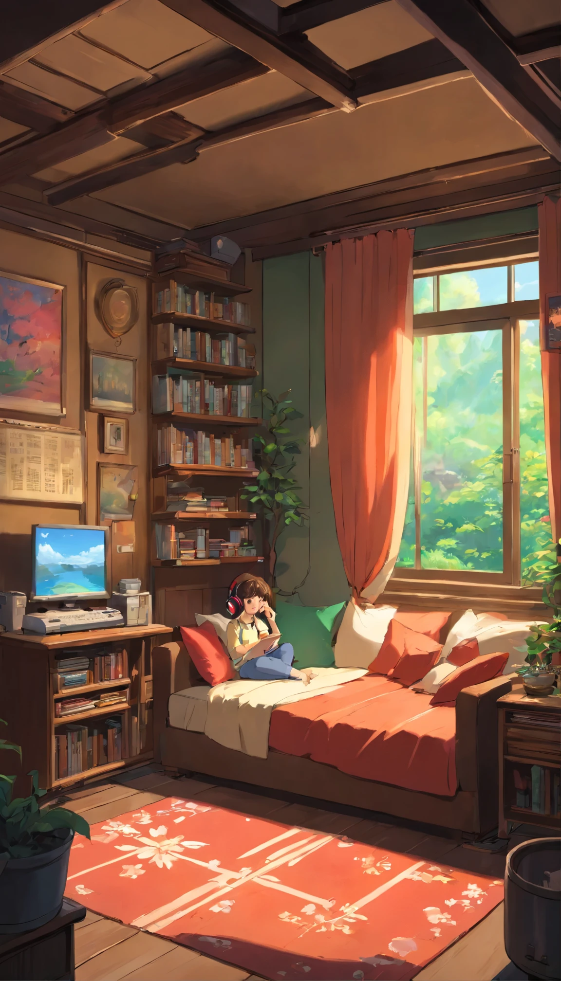 晚上睡在Comfortable room里的女孩, Comfortable room, Using headphones, 2D style animation, Low Fidelity, Hard Drive, Dark Environment