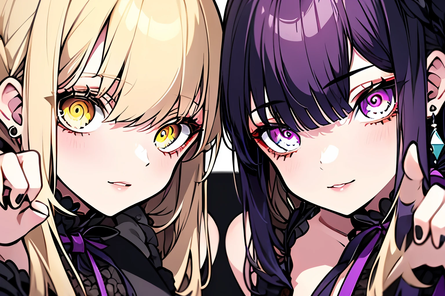 Victorian dresses, delicated eyes, delicated lips, (full heterocromia (a right eye yellow, a left eye purple))