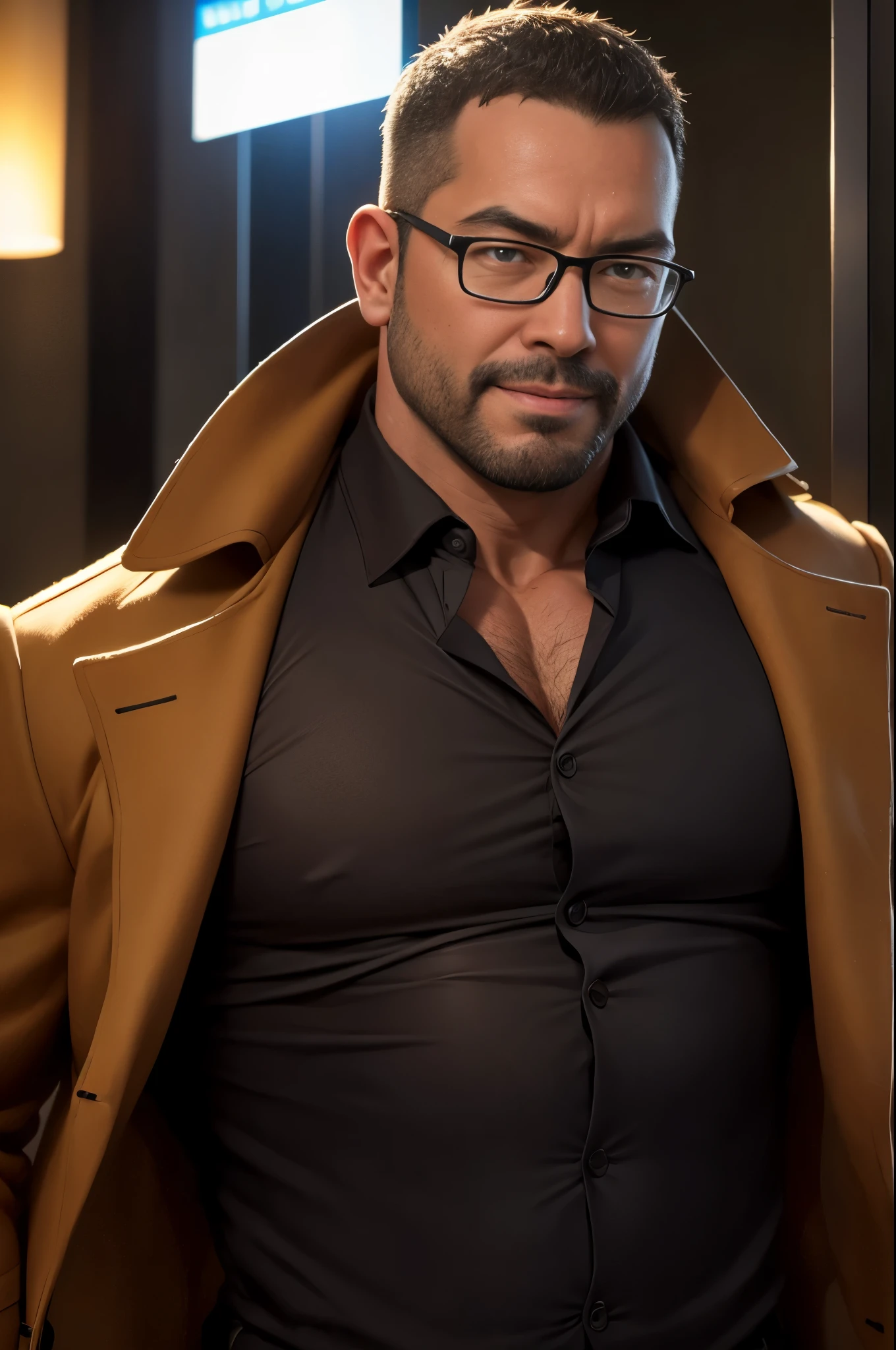 An award-winning original photo，A wild muscular man, (40 years old daddy:1.1), 1boy, Solo, (brown trenchcoat), (black dress shirt), (big shoulders), musculature, stubbles, Short beard, Beautiful eyes:1.3, ), (Detailed face:1.3), wearing glasses, smiles, Dynamic Angle, volumetric lighting, (Best quality, A high resolution, Photorealistic), Cinematic lighting, Masterpiece, RAW photo, Intricate details, hdr, depth of field, upper body shot, George Pei,