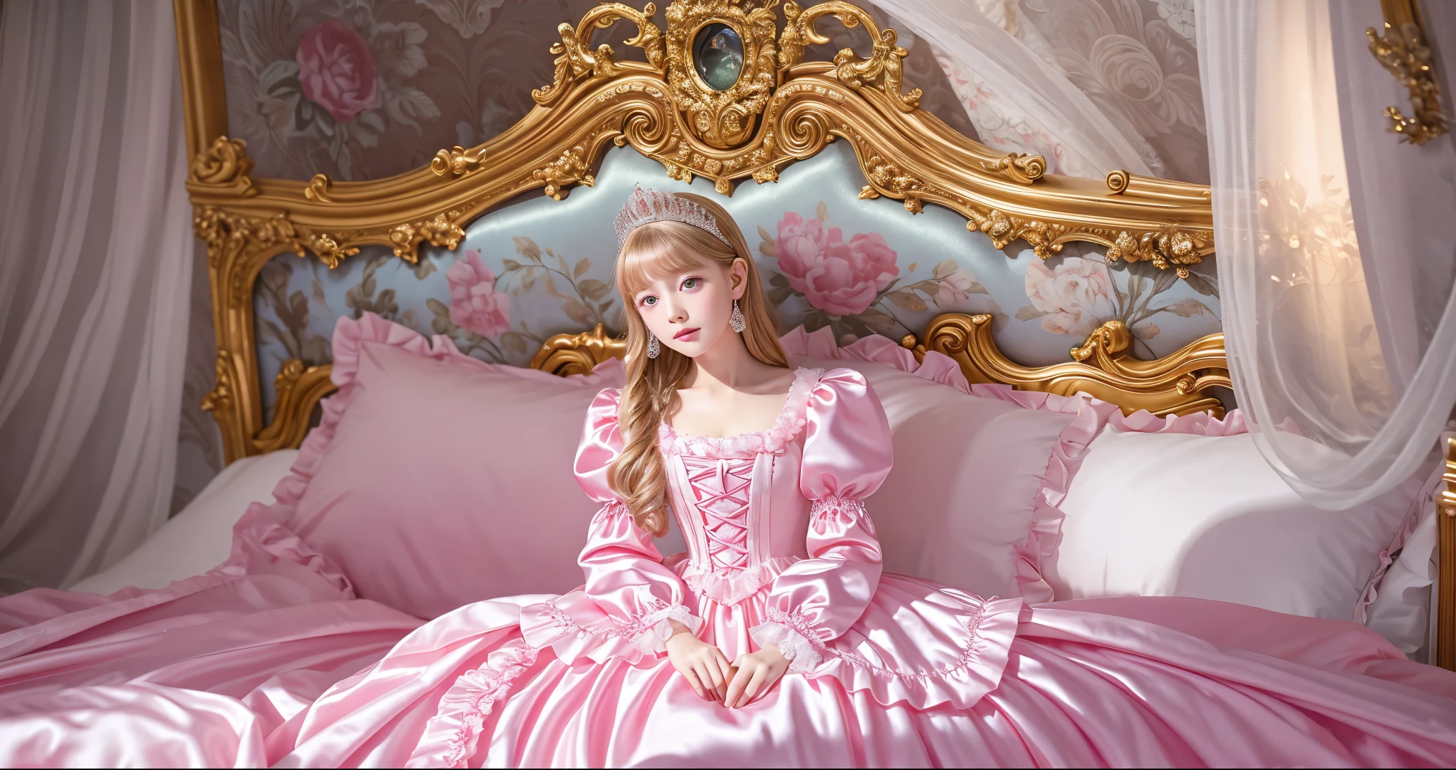 ,highest quality, masterpiece, Highest Resolution, artwork, super それにGet used to it, many Get used to it, Get used to it, それにGet used to it, 3K realistic photos,,(( When I was 10 years old)),Super detailed baby face,She is a princess,Full-length ball gown dress with hoop skirt,Frilled yoke collar,Puff sleeves,Long sleeve,((Lolita style hot pink detailed princess satin dress、Lots of frills and ribbons。)),colorful rococo fashion,shiny satin dress,Soft and smooth fabric,luxury,Long blonde hair,blue eyes,White skin European,pajamas,((Inside the palace)),,,(( When I was 10 years old)),Super detailed baby face,Full-length ball gown dress with hoop skirt,Long skirt,Frilled yoke collar,Puff sleeves,腰まで伸びるLong blonde hair,blue eyes,White skin European,pajamas,((Inside the palace bedroom)),ピンクのシルクサテンのluxuryなCanopy bedの上,Canopy bed,Luxurious curtains under a canopy,The bed is topped with a number of frilly silk satin pillows.,Soft and smooth silk satin duvet and bed sheets,Highly detailed background,Detailed bed,Romantic atmosphere,The little princess is sitting on the bed,