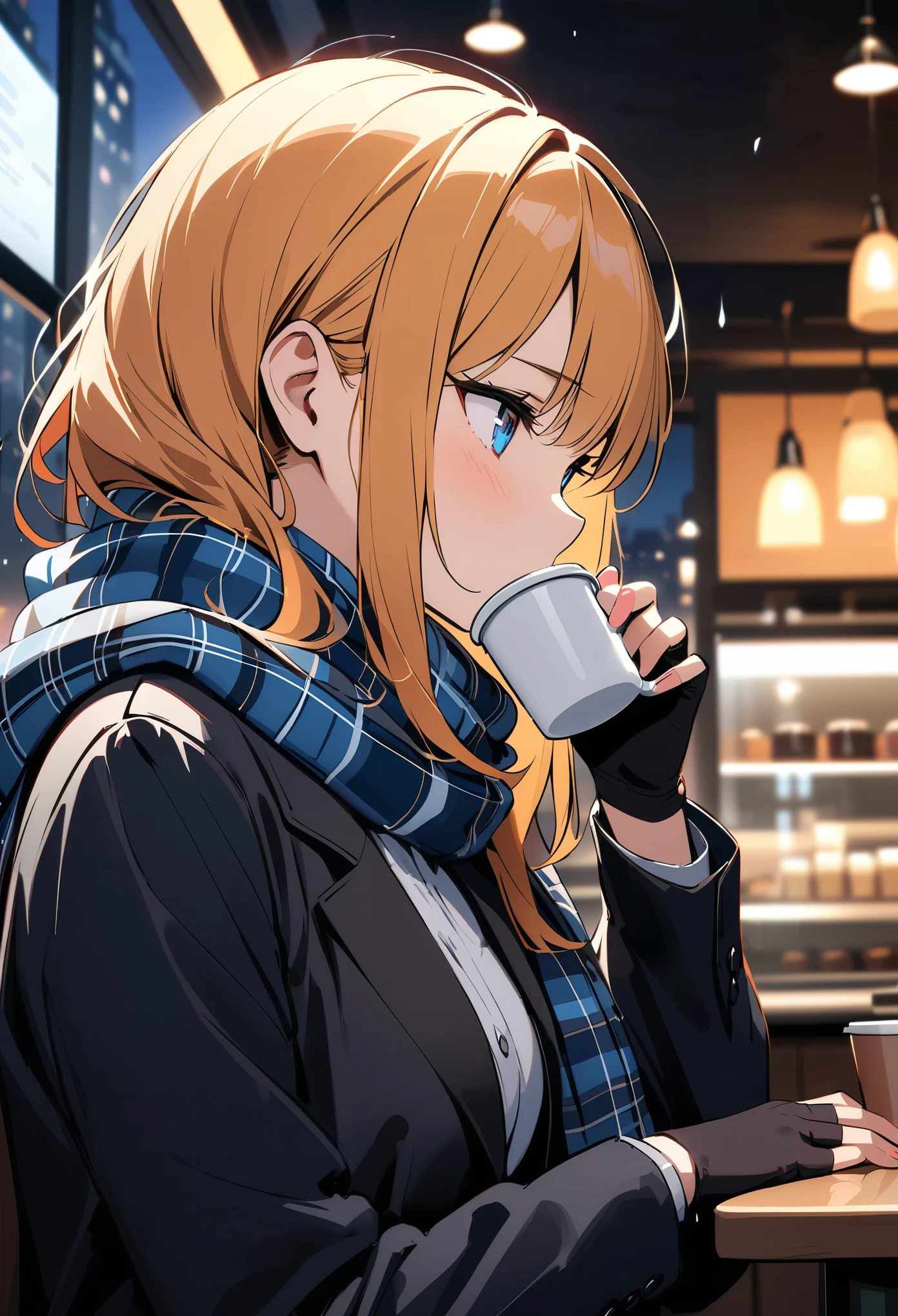 (solo)，masterpiece，Extreme details，HD，Beautiful illustrations，((Thriller))，amazing，medium view，Upper Body，A woman，(extremely detailed neat hair)，orange until yellow hair，beauty light blue eyes，(Black suit)，Hair loose，[Plaid scarf]，Fingerless gloves，(Drinking coffee)，hands holding coffee cup，Depth of Field，Coffee shop background，night background，(dark feeling)，rain on the windows