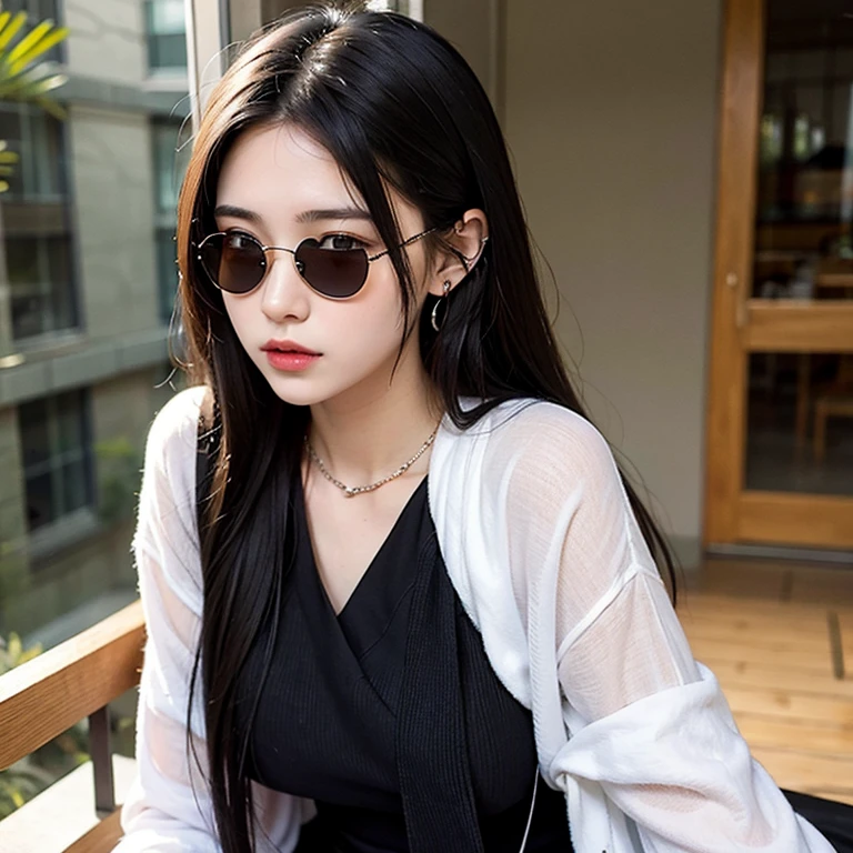 20 year old woman having light green eyes being coered by round sunglasses wearing a fancy black dress having a long wavy blacl hair with violet highlights a piercing on her left ear