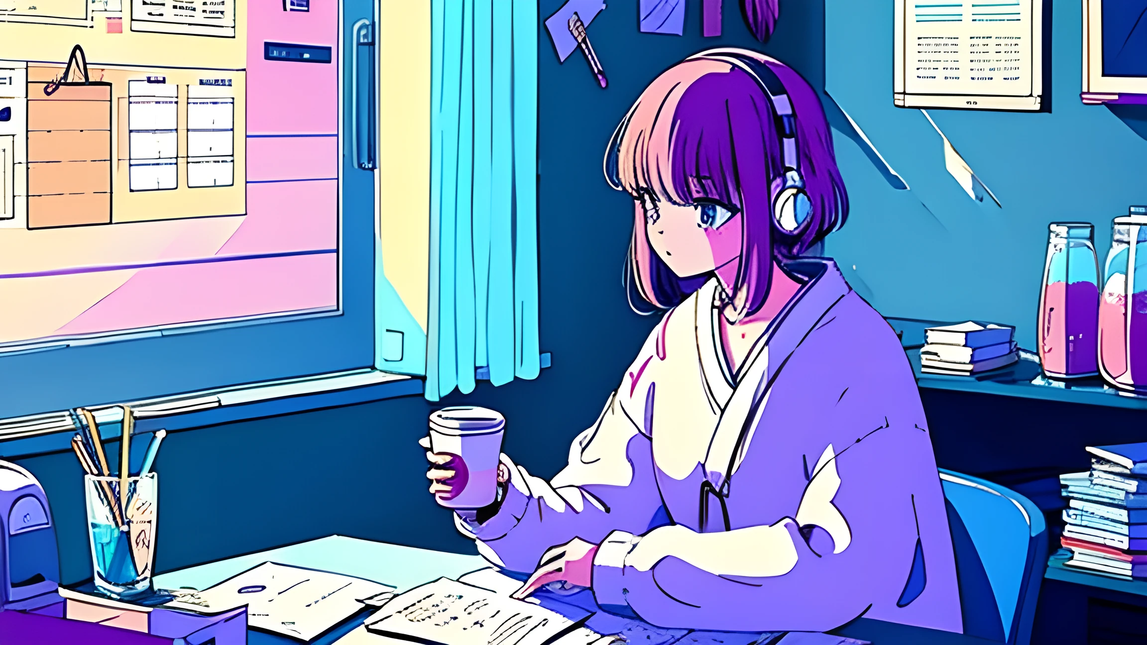 pastel colour、A beautiful girl studying at a desk in her room while listening to music with headphones、Coffee cup、 quiet night,Japanese anime