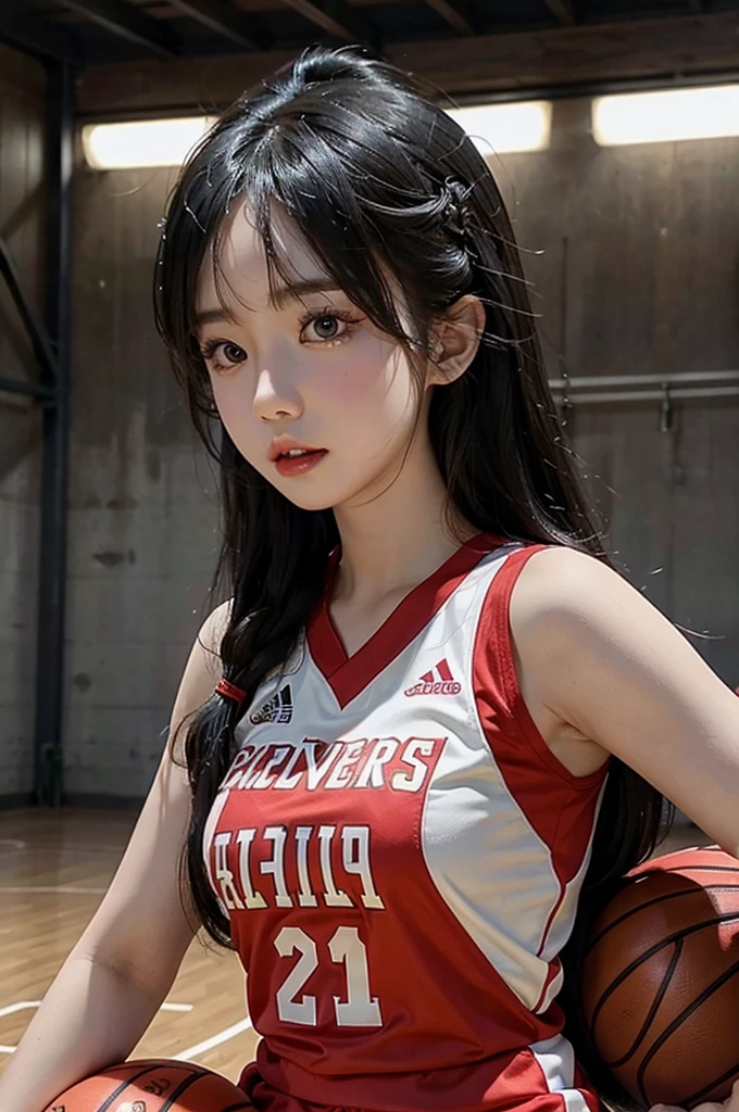 beautiful detail, best quality, 8k, highly detailed face and skin texture, high resolution, cute long hair asian girl in red basketball jersey at basketball court, sharp focus