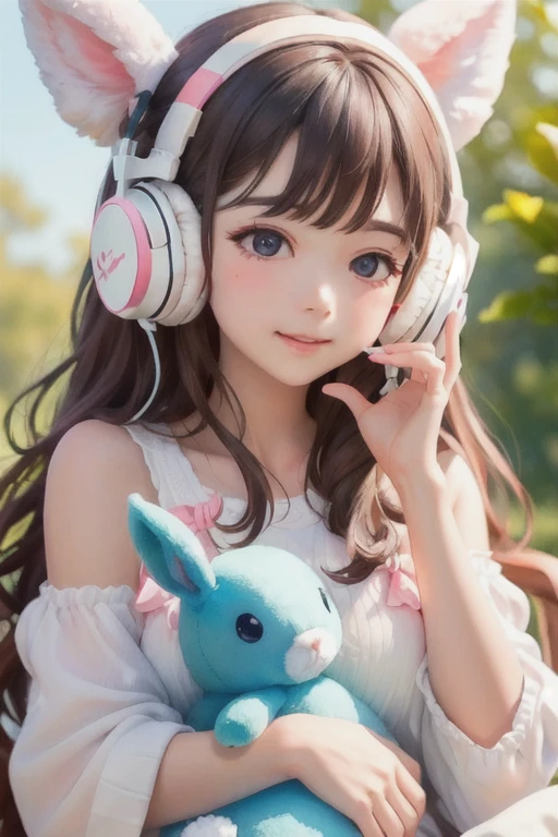 ((best quality)), ((masterpiece)), (detailed), perfect face white room、Pastel tones、fluffy、A girl is listening to music with headphones、The girl is holding a cute stuffed toy of a big white rabbit、High quality、Delicate