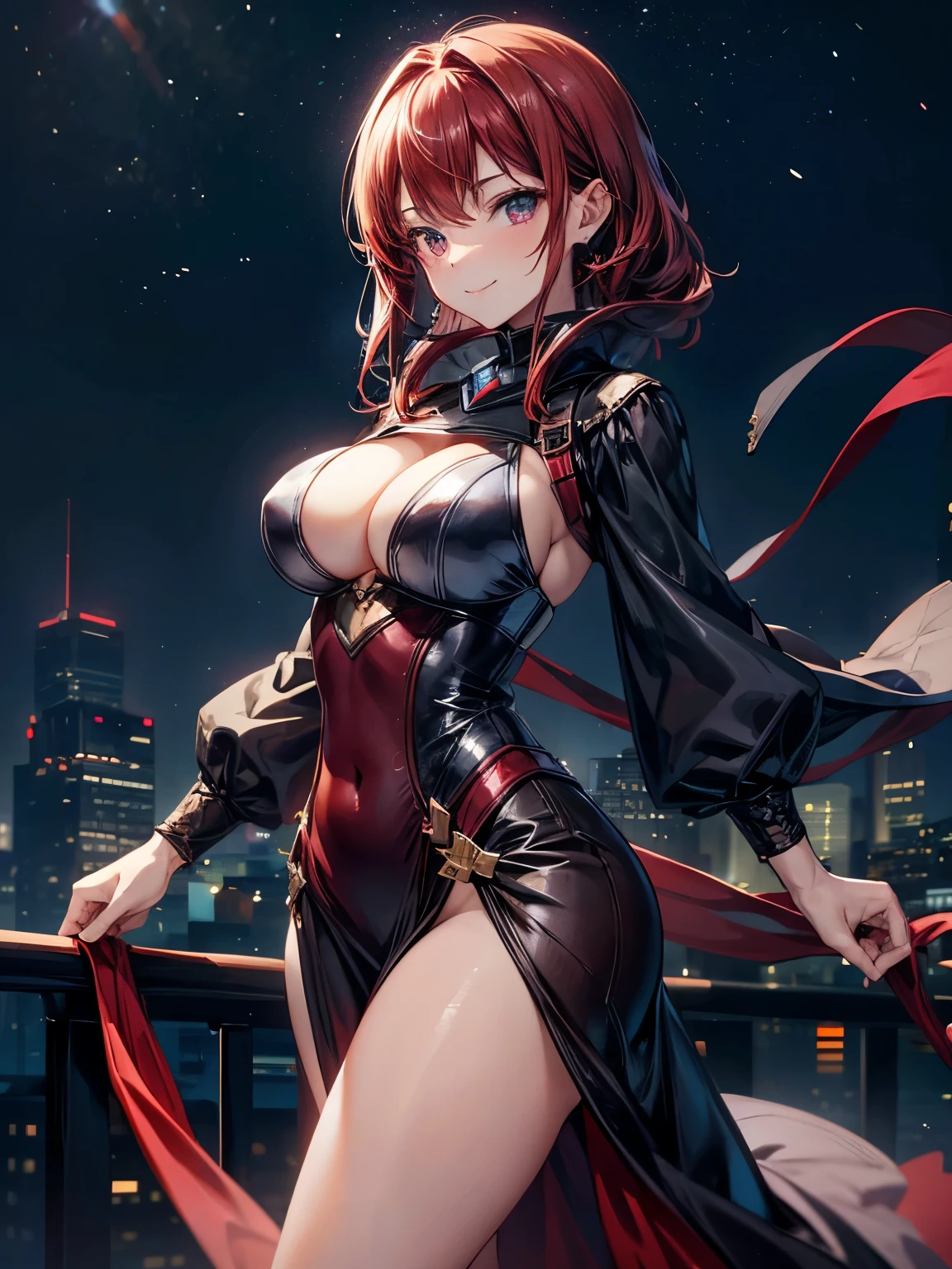 highest quality、Nice sexy body、One Woman、solo、(Beautiful busty woman:1.5)、Medium hair woman、((Woman with dark red hair))、A woman dressed in a RPG character costume、smile、Sexy pose、light up、Observatory、Night view