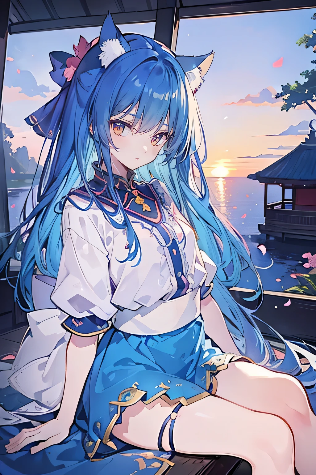 (masterpiece:1.2),Super detailed,Practical,expressive eyes,Fair skin,Perfect face shaping,1 Girl,
Japanese cartoons,Gorgeous blue hair, the long flowing blue hair,Floating clothes,Cat ears,Petals falling,beautiful lola,Young Angel,
Hands on waist,sit elegantly on the ground,Cross your legs,Gentle and peaceful background,Cool and cozy pavilion,Sunset,