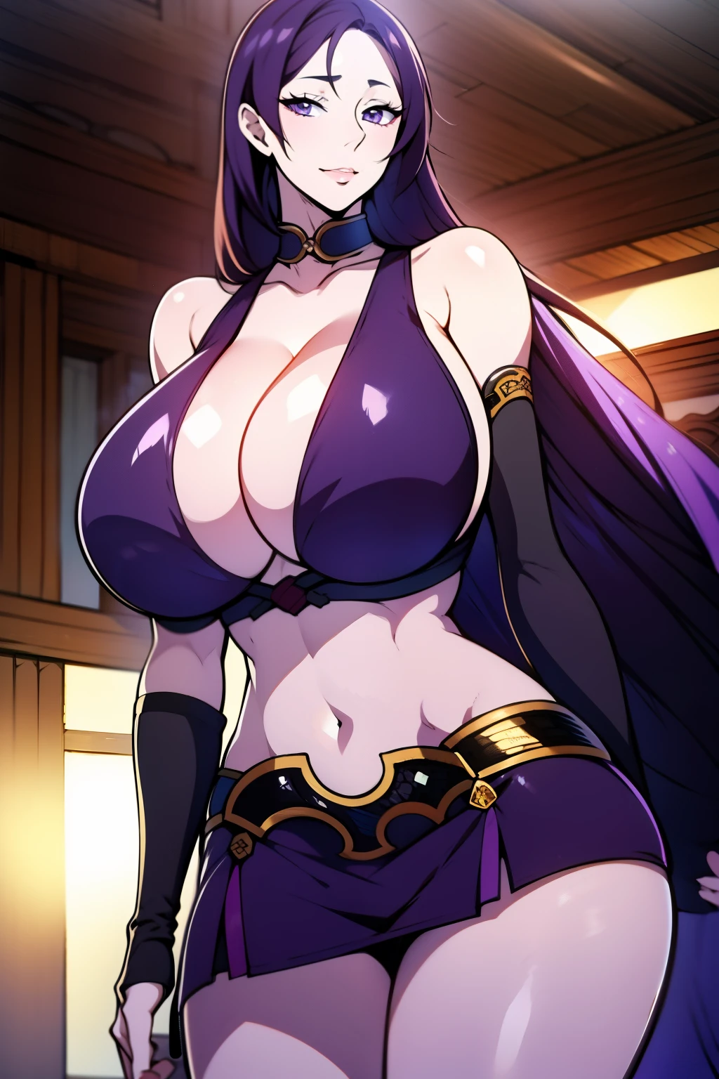 An anime-style artwork depicting minamoto no raikou from the game fate.
Tags: hmmr1, minamoto no raikou (fate), anime, detailed eyes, detailed lips, ass, (purple hair), purple eyes, bare shoulders, miniskirt, turtleneck,curvy, thighs, higheels, midriff, shiny clothes, cleavage, skin tight, long hair, solo, huge breasts, smiling expression, intense gaze, dynamic pose, indoor, palace, vibrant colors, digital art, high-resolution, professional quality, gigantic breasts, curvy, cowboy shot, (gigantic breasts: 1.4)