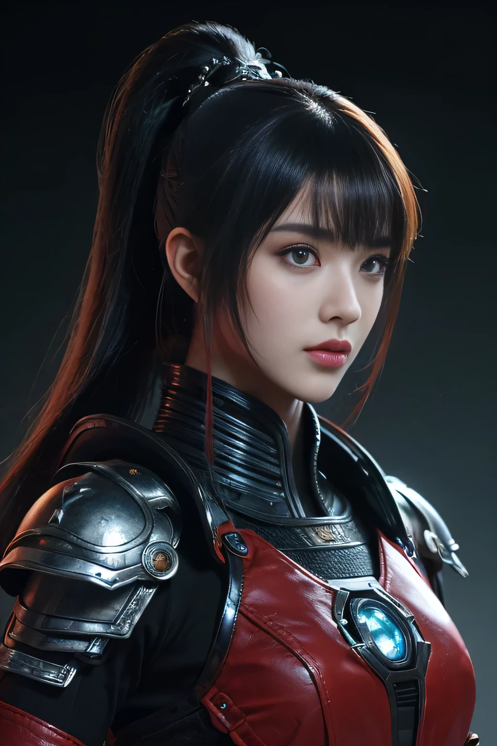 tmasterpiece,Best quality at best,A high resolution,8K,(portrait),(Close up of avatar),(RAW photogr),real photograph,(Costumes that combine fantasy and science fiction styles),digital photography,s girl,18yo Girl,long ponytail hairstyle,through bangs,Beautiful white and red gradient hair,Red eyes,iintricate,elegant and charming,The content is very detailed,Simple accessories,Metal armor,black sash,Clothing that combines technology and ancient style,Crop topping,Hollow armor design,Combat uniforms,Shoulder pads,cyber punk personage,binh,Photo pose,stately,metalictexture,oc render reflection texture,Gray street background, ((medium shot)),