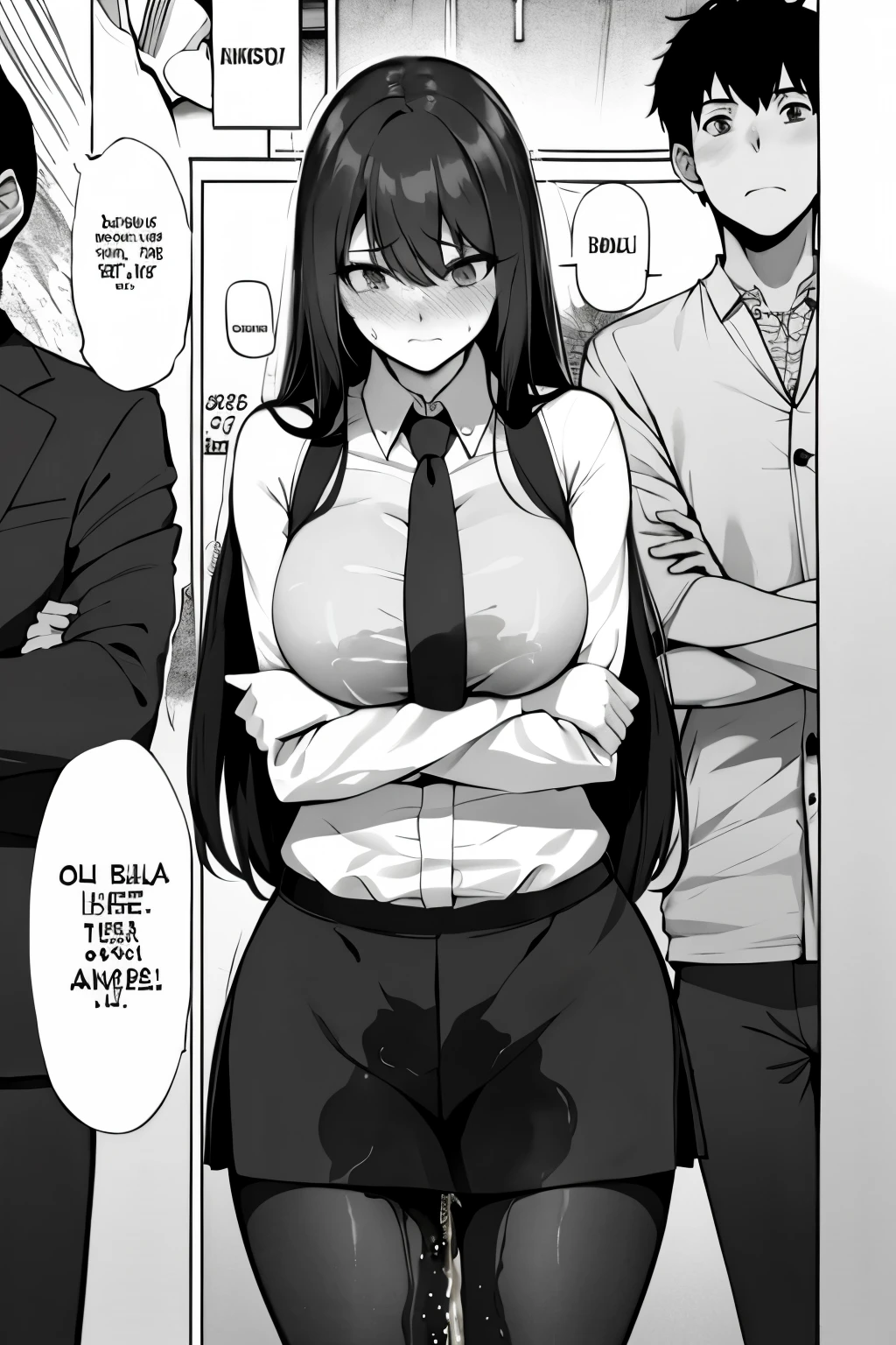 A woman with very long (black hair:1.5) and very long bangs, wearing a business outfit consisting of a suit, pencil skirt, and pantyhose, stands in a monochrome setting. The artwork is inspired by manga and incorporates a doujin style. The woman appears to be (wetting herself:1.5), which causes her to feel embarrassed and humiliated, resulting in a blush on her face. In addition, there is an air of anger in her expression. The lighting in the scene is moody, with a spotlight highlighting the woman's figure. She is crossing her arms, (arms crossed:1.5), fully showcasing her skirt., medium breasts