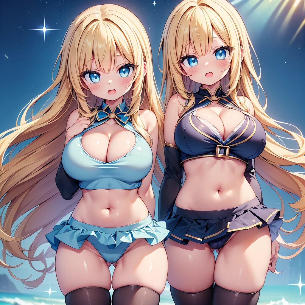 highest quality,wonderful,finely,extremely detailed CG Unity 8K wallpaper, (girls, cute eyes, (Light blue micro bikini:1.1), clothed), (sparkling eyes:1.2), (skinny body:1.1), (huge breasts), (cleavage:1.5), (crop top navel:1.5), (open mouth:1.1), (long tongue:1.1), (mouth drool:1.1), (black stockings:1.1),(Thighs:1.2),(Waistline:1.1)
