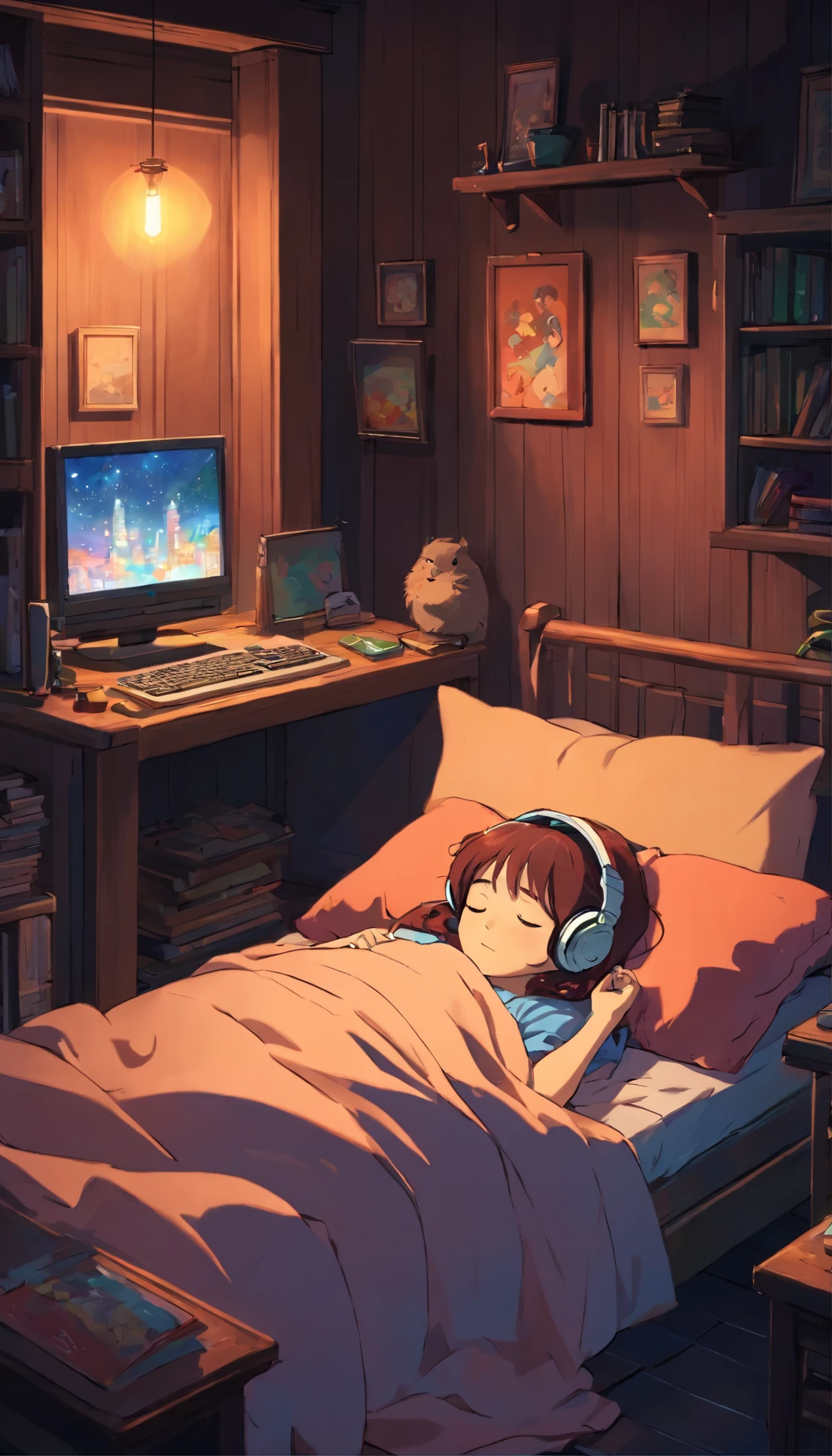 Girl sleeping in cozy room at night, Using headphones, 2D style animation, Low Fidelity, Hard Drive, Dark Environment