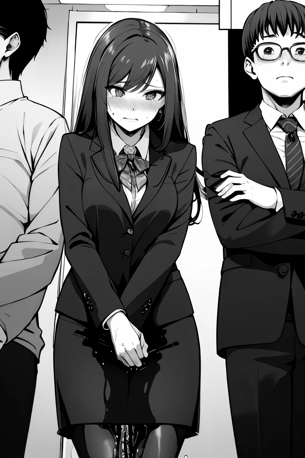 A woman with very long (black hair:1.5) and very long bangs, wearing a business outfit consisting of a suit, pencil skirt, and pantyhose, stands in a monochrome setting. The artwork is inspired by manga and incorporates a doujin style. The woman appears to be (wetting herself:1.5), which causes her to feel embarrassed and humiliated, resulting in a blush on her face. In addition, there is an air of anger in her expression. The lighting in the scene is moody, with a spotlight highlighting the woman's figure. She is crossing her arms, (arms crossed:1.5), fully showcasing her skirt., medium breasts