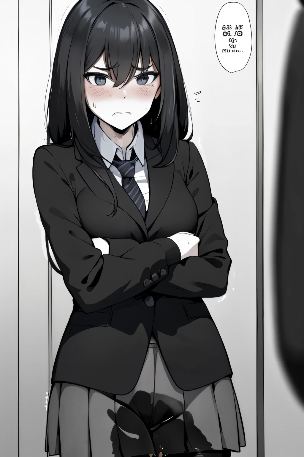 A woman with very long (black hair:1.5) and very long bangs, wearing a business outfit consisting of a suit, pencil skirt, and pantyhose, stands in a monochrome setting. The artwork is inspired by manga and incorporates a doujin style. The woman appears to be (wetting herself:1.5), which causes her to feel embarrassed and humiliated, resulting in a blush on her face. In addition, there is an air of anger in her expression. The lighting in the scene is moody, with a spotlight highlighting the woman's figure. She is crossing her arms, (arms crossed:1.5), fully showcasing her skirt., medium breasts