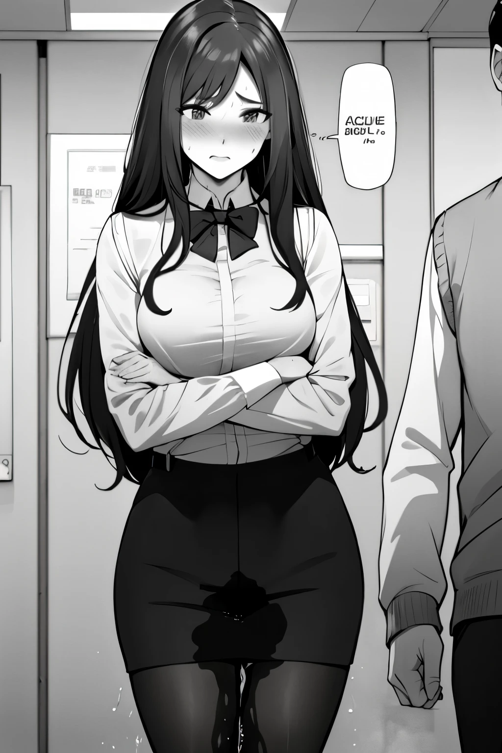 A woman with very long (black hair:1.5) and very long bangs, wearing a business outfit consisting of a suit, pencil skirt, and pantyhose, stands in a monochrome setting. The artwork is inspired by manga and incorporates a doujin style. The woman appears to be (wetting herself:1.5), which causes her to feel embarrassed and humiliated, resulting in a blush on her face. In addition, there is an air of anger in her expression. The lighting in the scene is moody, with a spotlight highlighting the woman's figure. She is crossing her arms, (arms crossed:1.5), fully showcasing her skirt., medium breasts