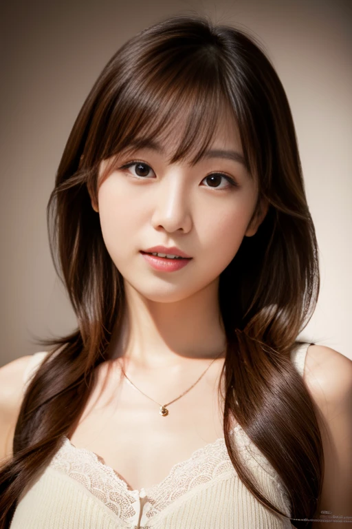 (highest quality, High resolution, masterpiece:1.3), 1 young japanese woman, Slender figure beauty, (smooth and delicate and pale skin), Small face, Bust Size F, shiny long brunette, No makeup, Precisely expresses details such as face and skin texture, Moist eyes with dilated pupils and large irises, double eyelid, lace dress, A simple necklace, Cinematic lighting
