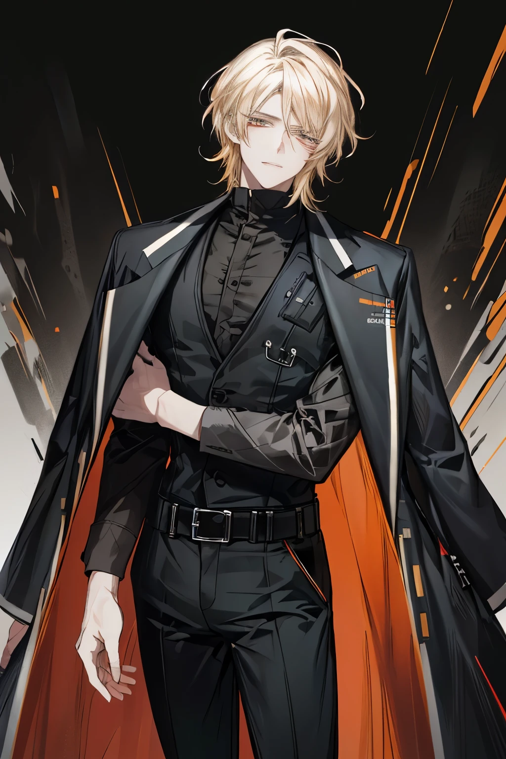 Masterpiece, highres, best quality, official, male, solo, black shirt, medium hair, blonde hair, orange eyes, black coat, black pants