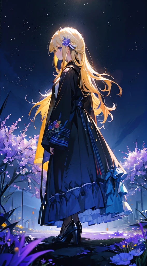1people々々々々々々々々,Blonde long-haired woman,Long coat, Dress Silhouette, Rear View,Space Sky, Flower Field,Colorful flowers