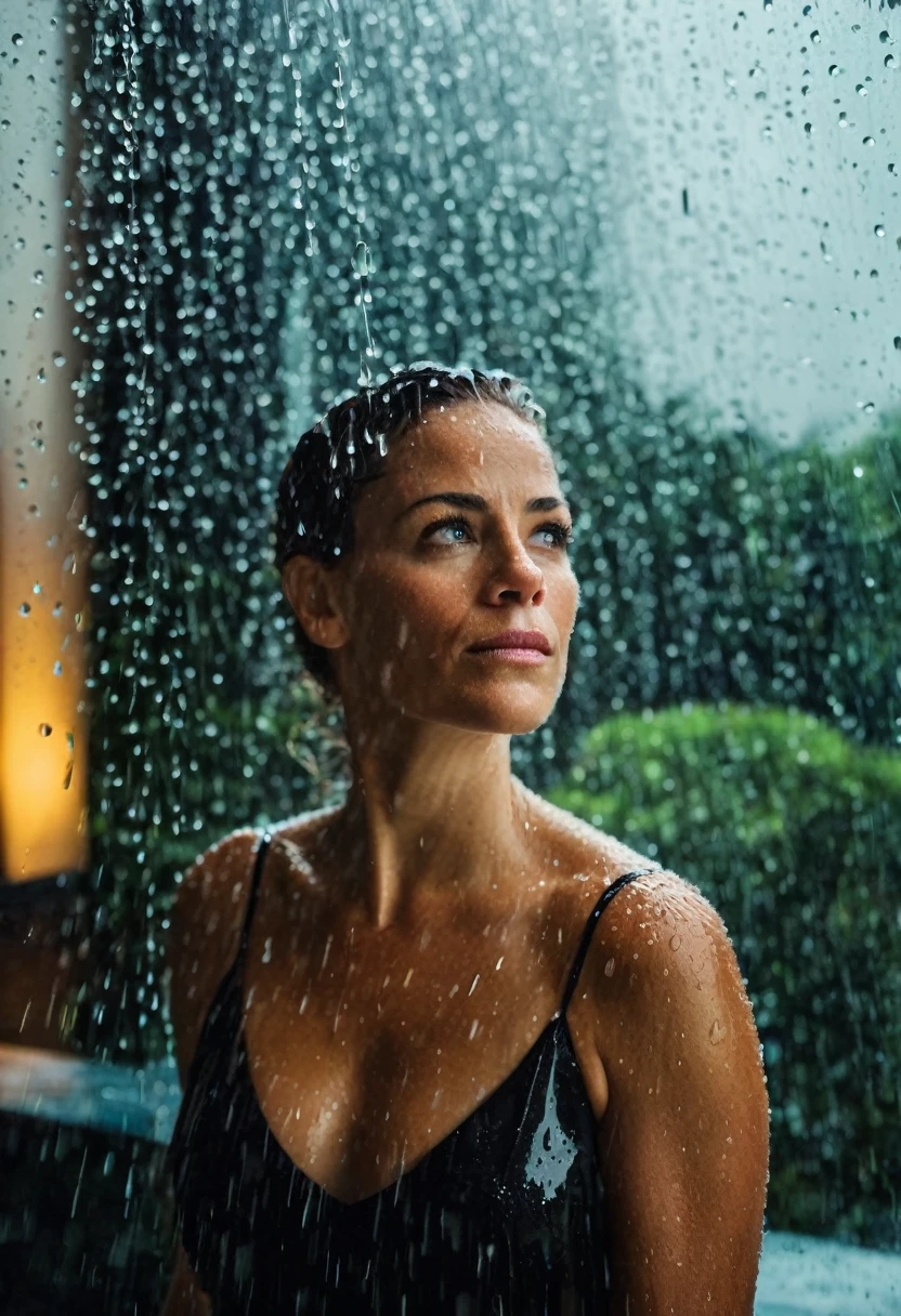 um close f/1.3 tirando de uma lente grande angular de corpo inteiro de uma garota com cabelos de 2 tons, um retrato de personagem na chuva, ((background inside an all-glass hotel outside a light rain, well-defined raindrops captured in slow motion)). detalhes intrincados, surreal lighting, cena com muita vivacidade. realismo profundo, detalhes intricados da personagem principal. rosto perfeito sem erros. detalhes da chuva realismo profundo.

