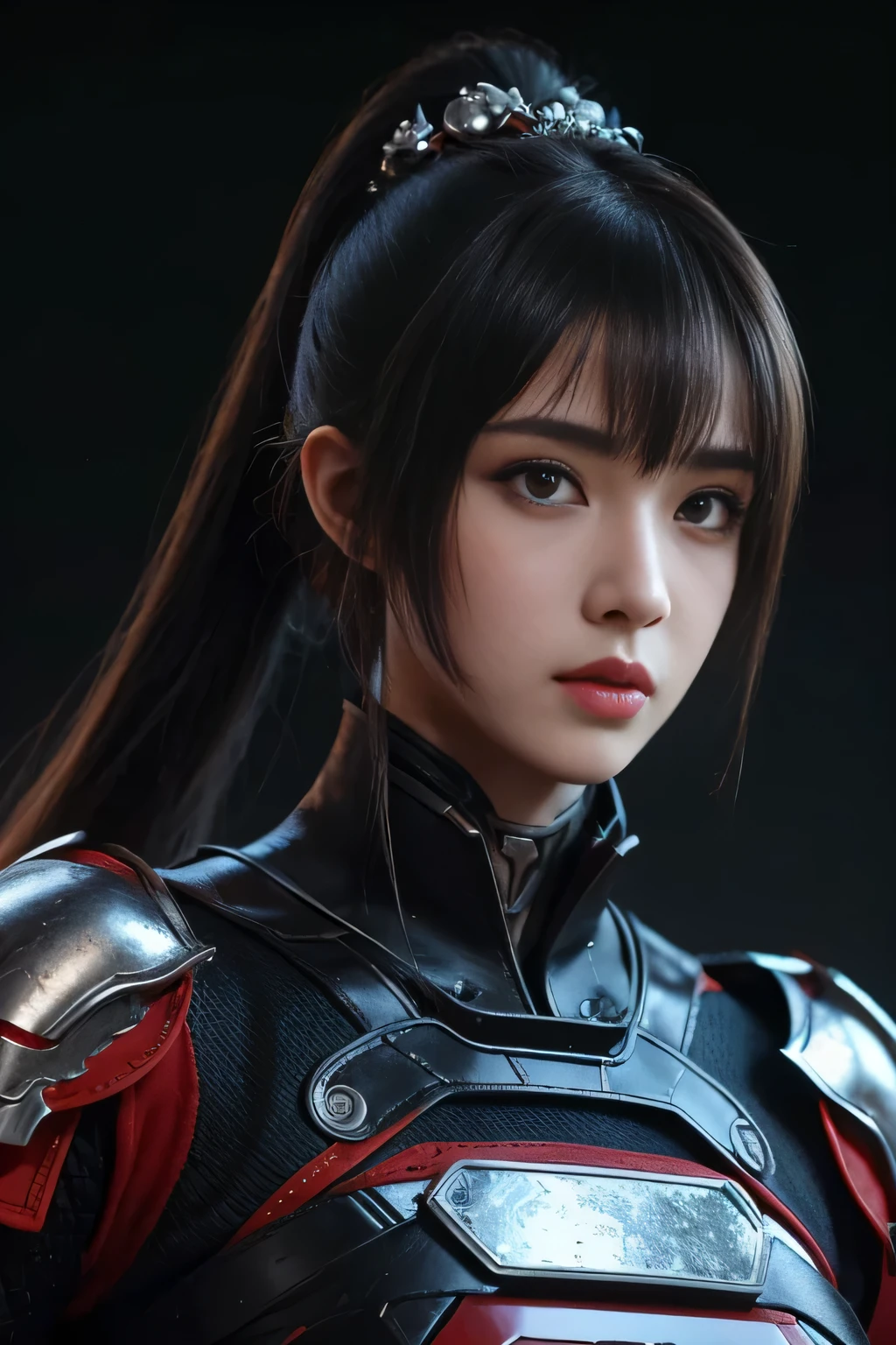 tmasterpiece,Best quality at best,A high resolution,8K,(portrait),(Close up of avatar),(RAW photogr),real photograph,(Costumes that combine fantasy and science fiction styles),digital photography,teens girl,18yo Girl,long ponytail hairstyle,through bangs,Beautiful white and red gradient hair,Red eyes,iintricate,elegant and charming,The content is very detailed,Simple accessories,Metal armor,black sash,Clothing that combines technology and ancient style,Crop topping,Hollow armor design,Combat uniforms,Shoulder pads,cyber punk personage,binh,Photo pose,stately,metalictexture,oc render reflection texture,Gray street background, (((long shot))),