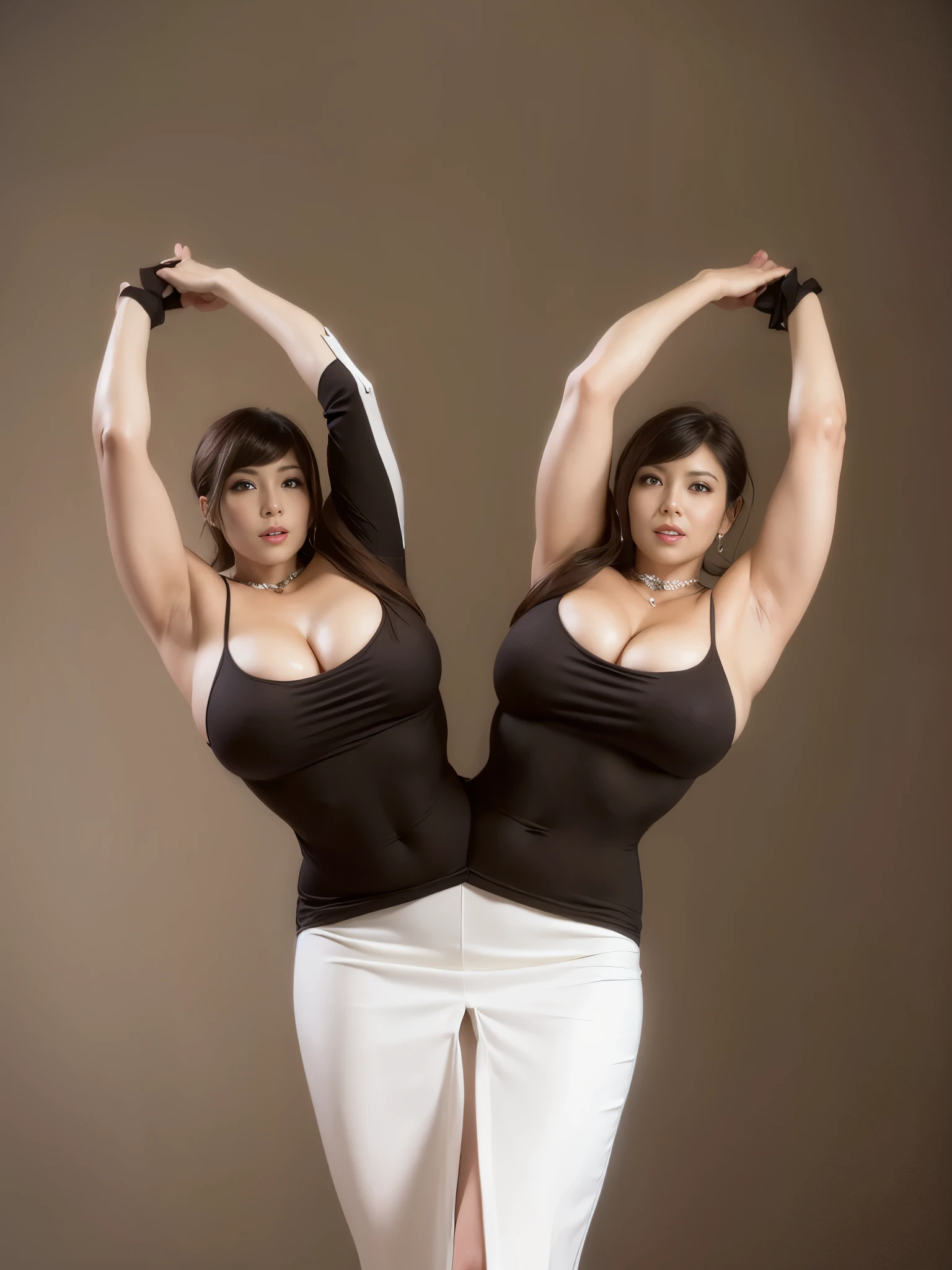 ((highest quality、8k、masterpiece:1.3)), Full Body Lesbian, Long legs, Sharp focus:1.2, Beautiful woman with perfect figure:1.4, Slim Abs:1.1, Background is an office room, ((Dark brown hair、shortcut、Huge boobs:1.2)), ((Luxury business suits, All white undershirt, Tight Skirt, standing:1.2)), Highly detailed face and skin texture, Detailed eyes, double eyelid, Cleavage is seductive, Posing with hands on hips, 35-year-old woman, career woman